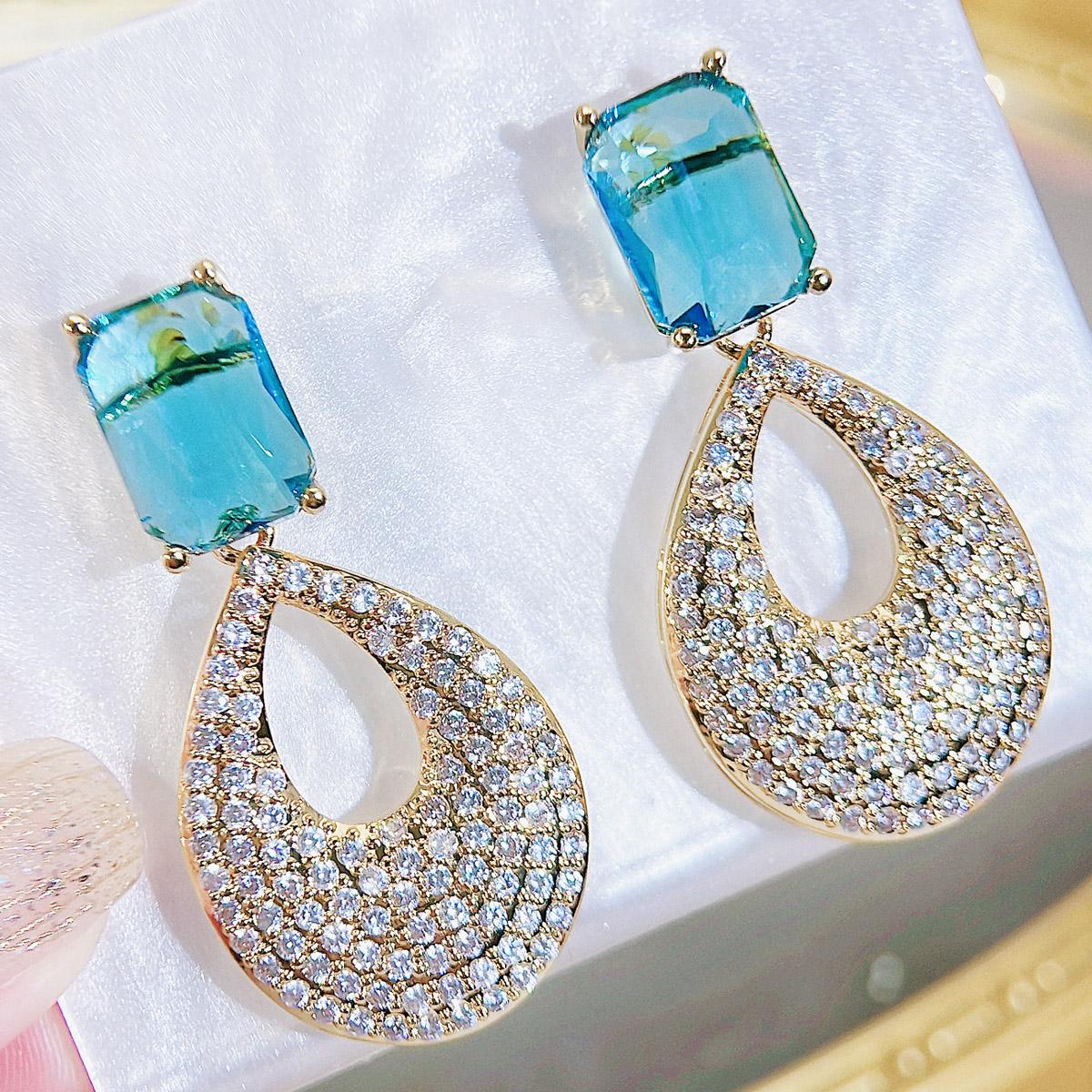 CMM Translucent Light Blue Pink Cubic Zirconia Golden Drop Earrings Bridesmaid Bridal Lovers' Jewelry Best Gift