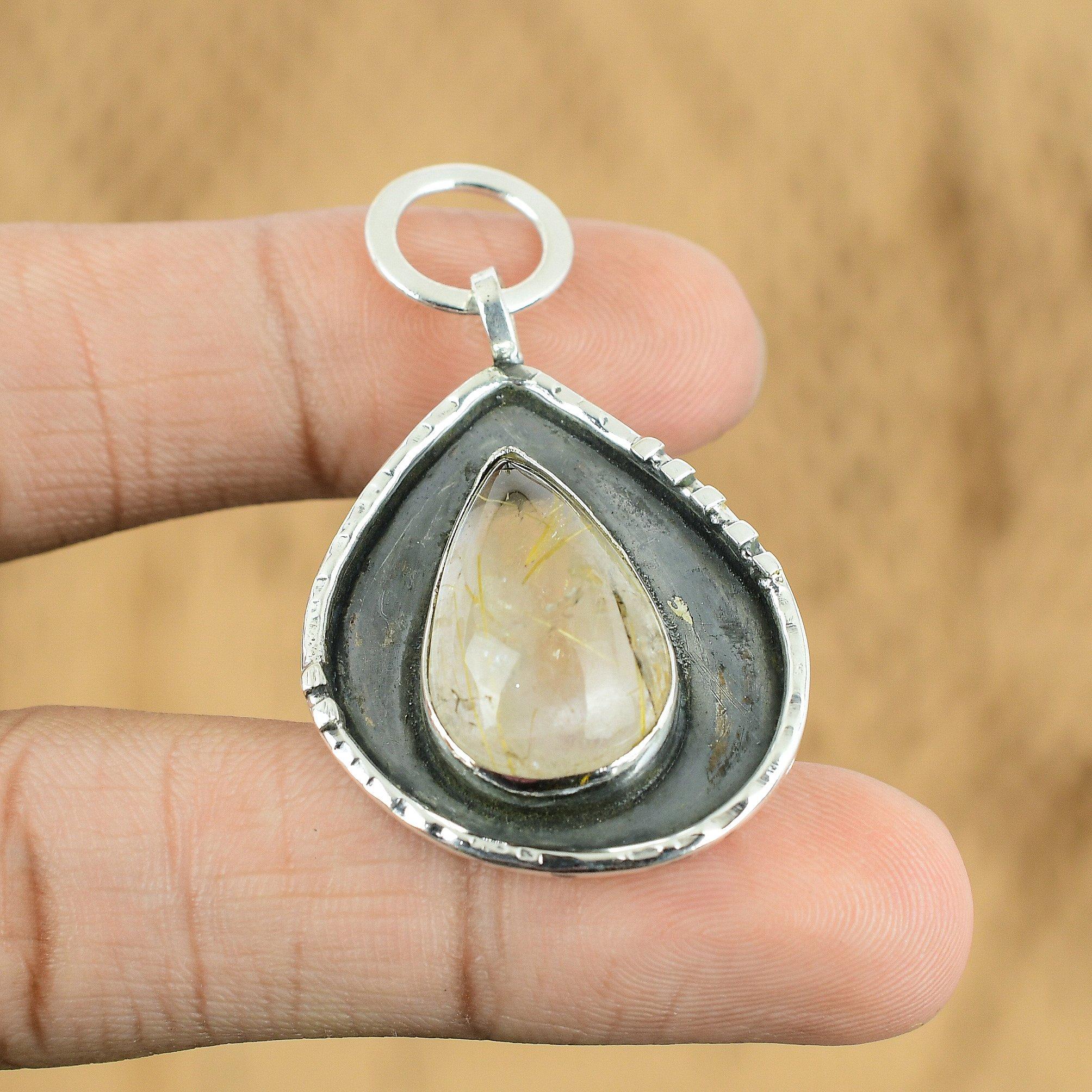 Natural Golden Rutile Gemstone Pendant 925 Sterling Silver Jewelry For Women