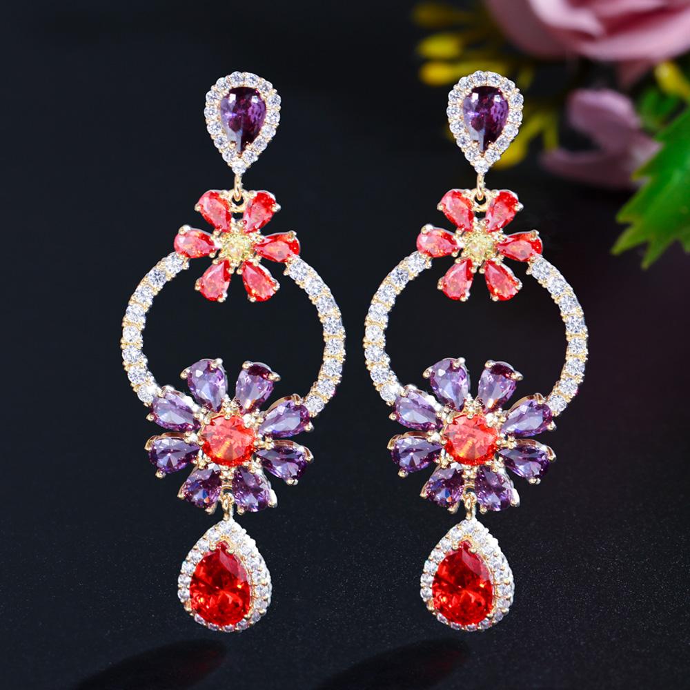 CMM Party Jewelry ოქროს ფერის კუბური ცირკონიის ყვავილის წვეთოვანი საყურეები