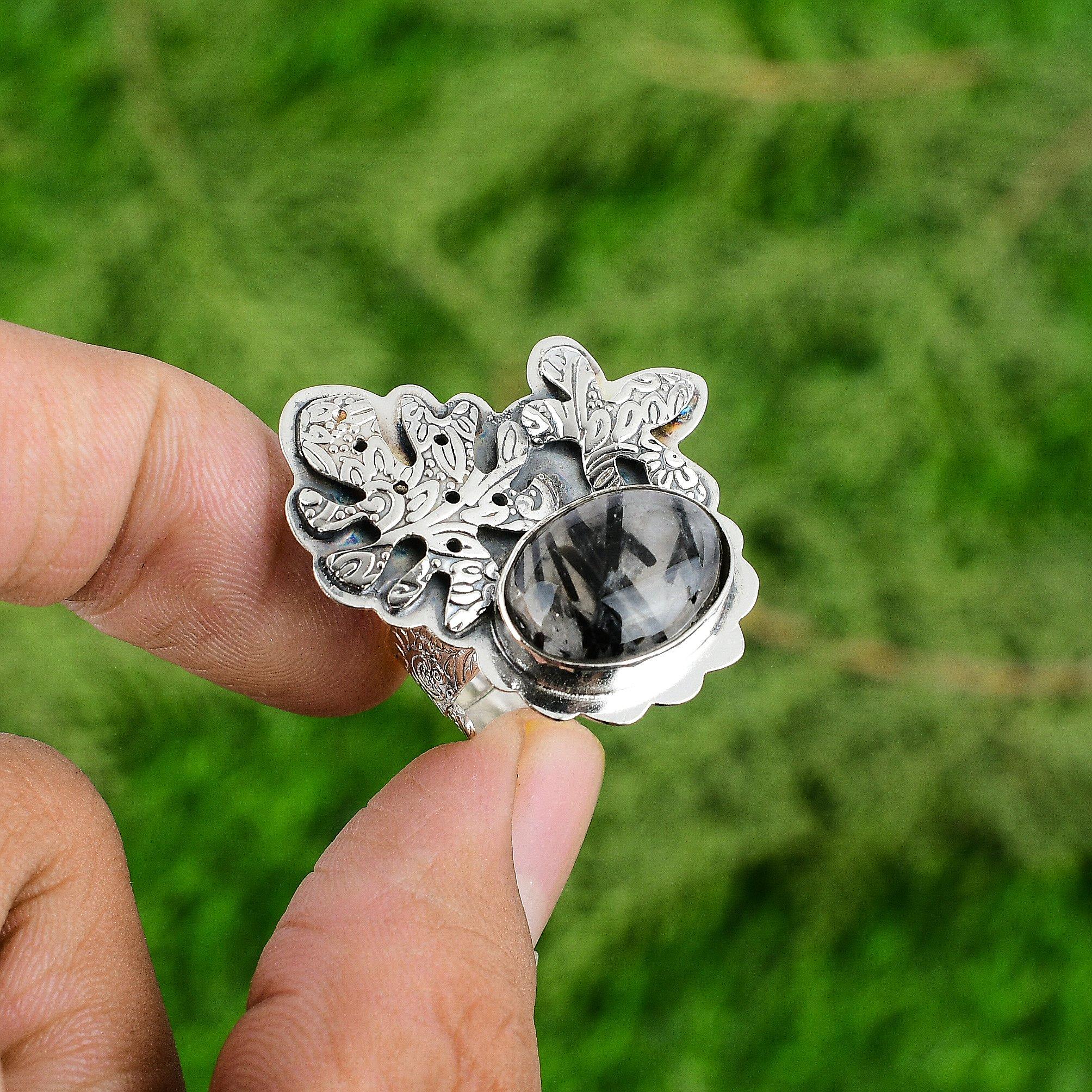 Wedding Gift For Her 925 Silver Natural Black Rutile Stackable Adjustable Ring