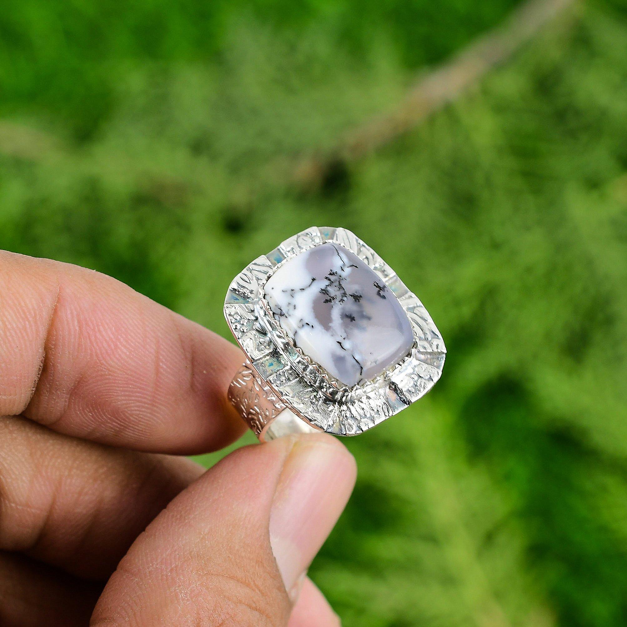 Sterling Silver Radiant Dendrite Opal Gemstone Birthday Statement Ring Jewelry