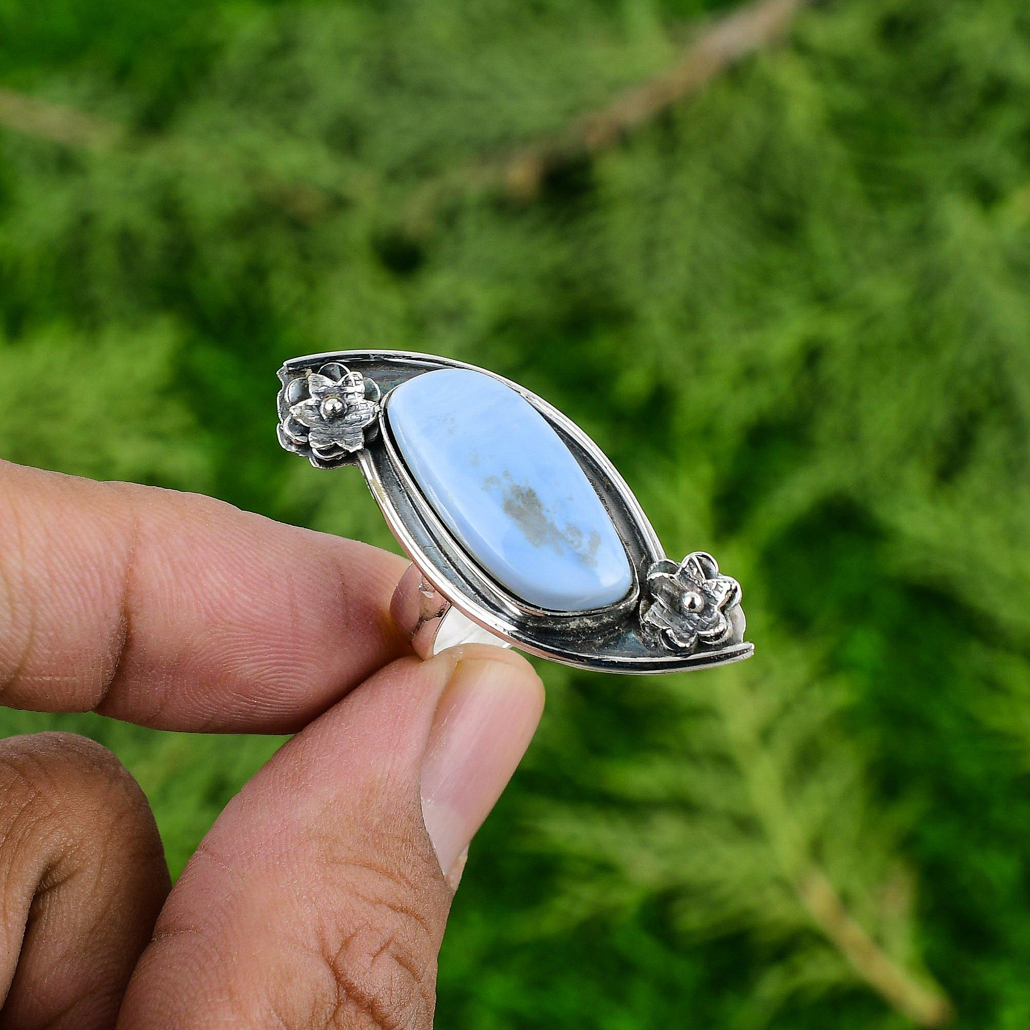 Statement Flower Adjustable Ring 925 Silver Natural Owyhee Blue Opal
