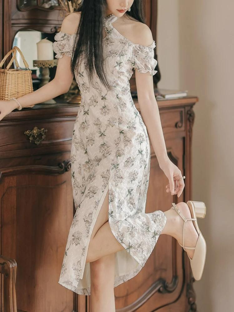 Elegante Vintage Cheongsam Kleid Frauen sommer Floral Stickerei Design Party Split Kleid Weibliche Gericht Retro Lange Fee Kleid