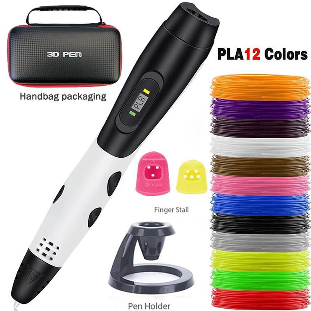 3D Printing Pen with 12 Colors PLA Filament Support ABS/PLA Filament DIY Drawing Gift for Kids with LCD Screen - White