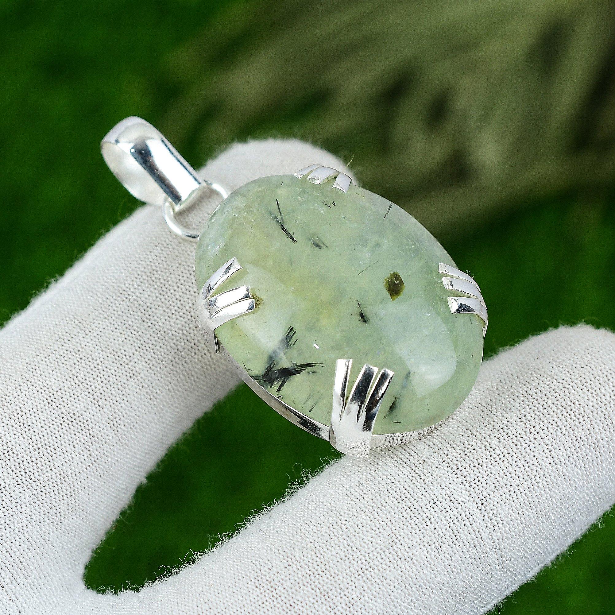 Birthday Gift For Her Natural Moss Prehnite Gemstone Pendant 925 Sterling Silver