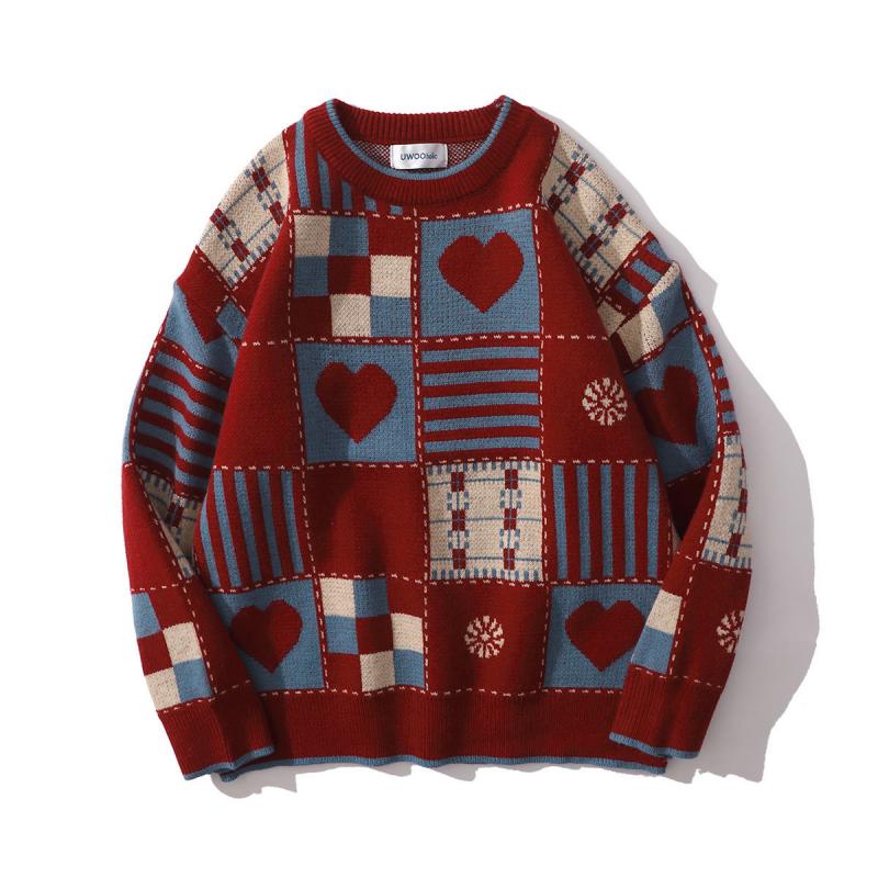 2024 Herbst und Winter Neue Trendy Amerikanischen Retro Plaid Liebe Ins Pullover Rot Verdickt Faul Paar Pullover Lose Jacke Für Männer