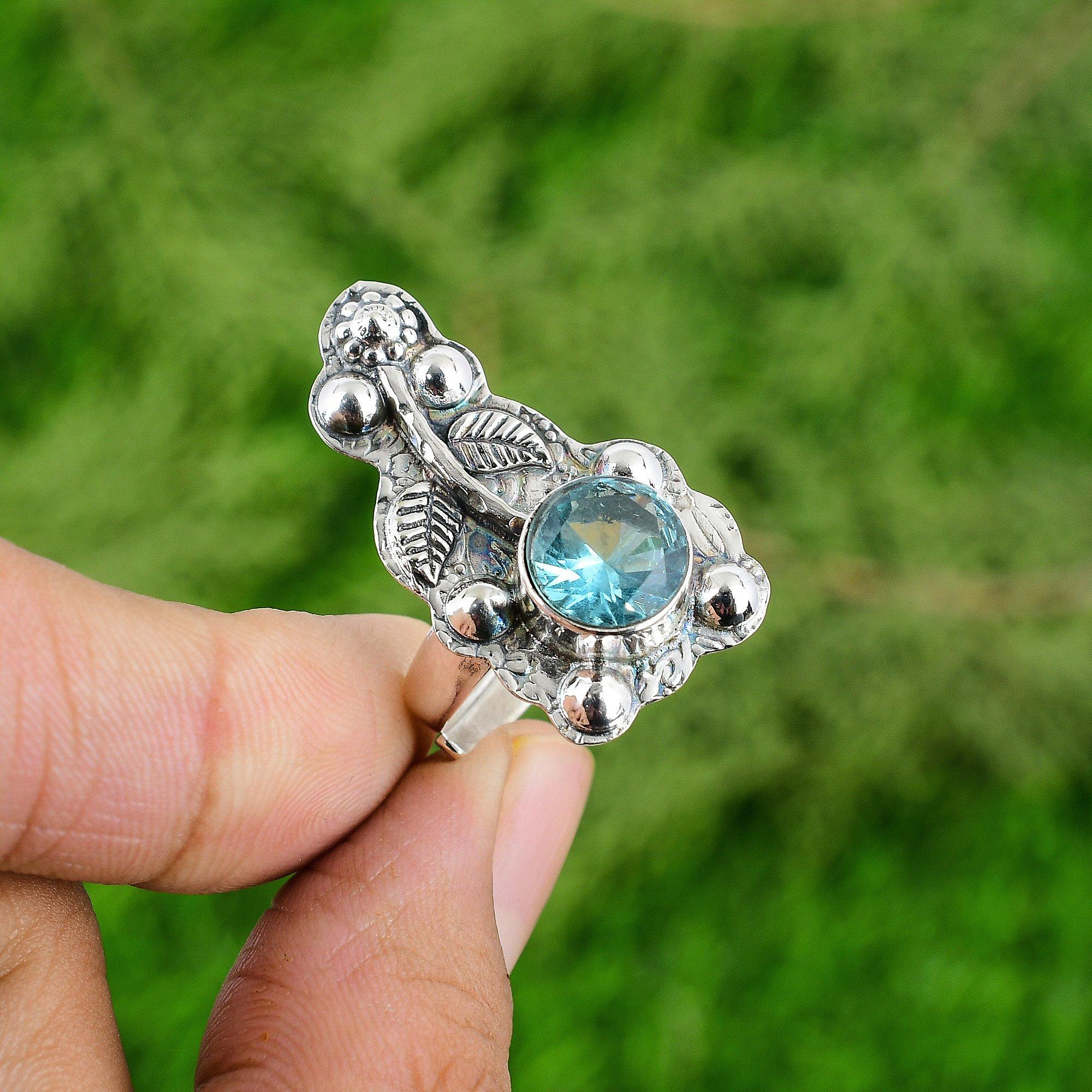 925 Sterling Silver Round Swiss Blue Topaz Gemstone Stackable Flower Wife Ring