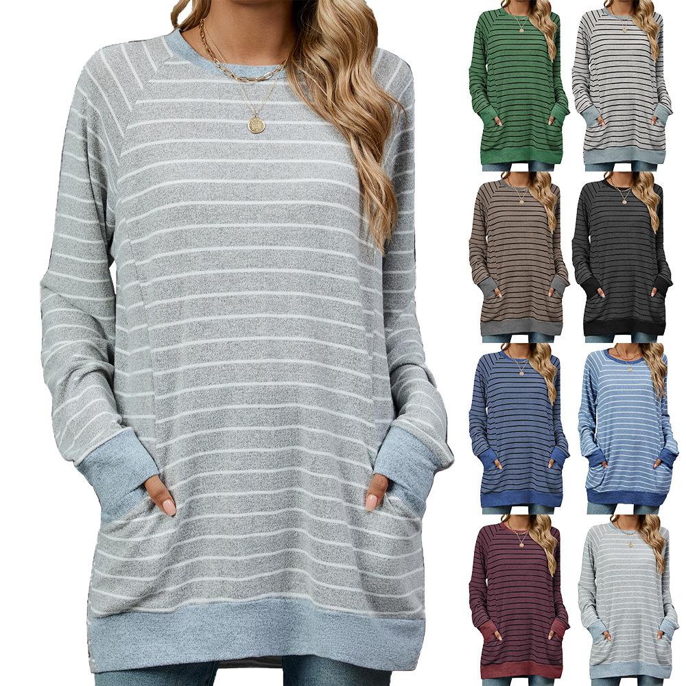 Autumn and Winter Women's Plus Size Striped Clashing Colours Round Neck Long Sleeve Pocket Sweatshirt