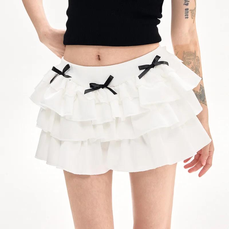 White Y2k Kawaii Cute Cake Ruffles Skirt Women Summe High Waisted Bow Slim Mini Skirt Fashion A-Line Skirt