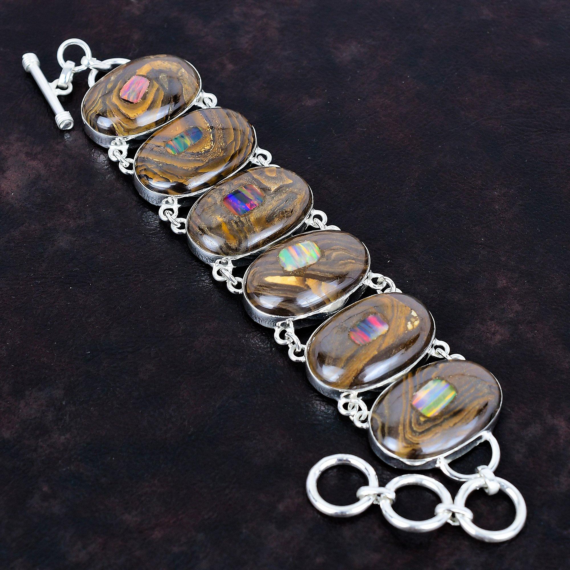 Ethopian opal in boulder opal bracelet gemstone unique jewelry 925 sterling silver adjustable chain bracelet handmade bracelet gifts for mom