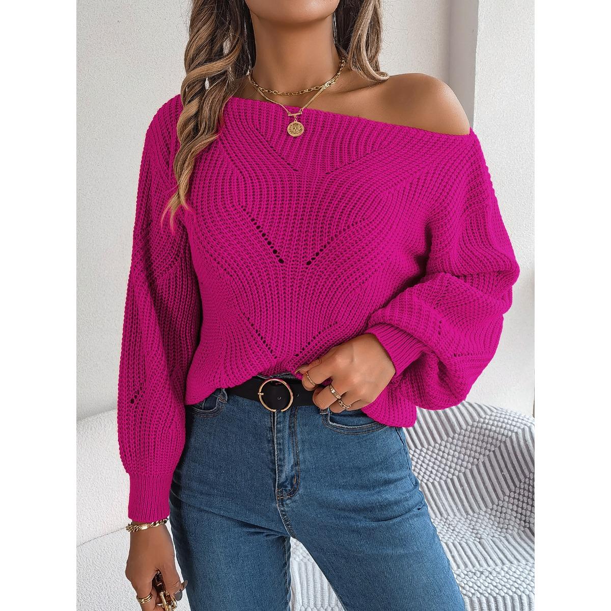 Automne et Hiver, Décontracté, Ajouré, Une Épaule Dégagée, Haut, Manches Lanterne, Pull Chaud, Vêtements pour Femmes