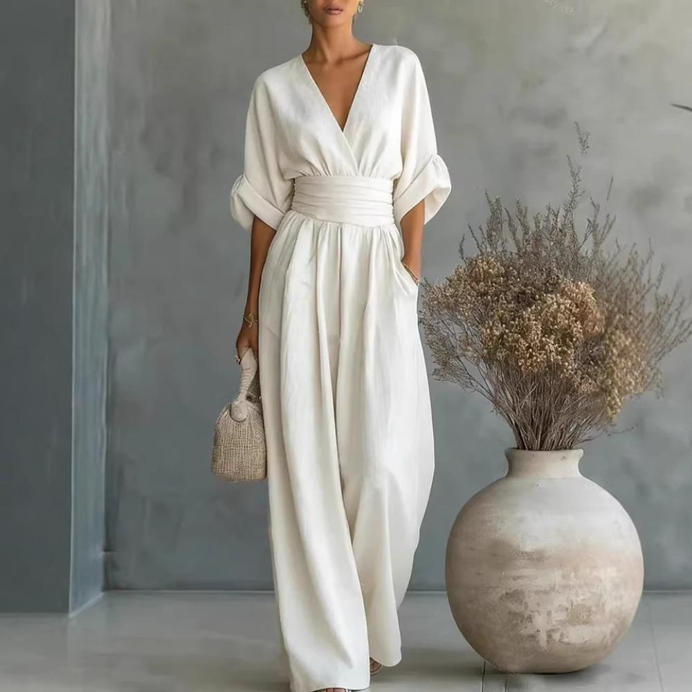 Women Spring Summer New V-neck Waist Slim Elegant Jumpsuit
