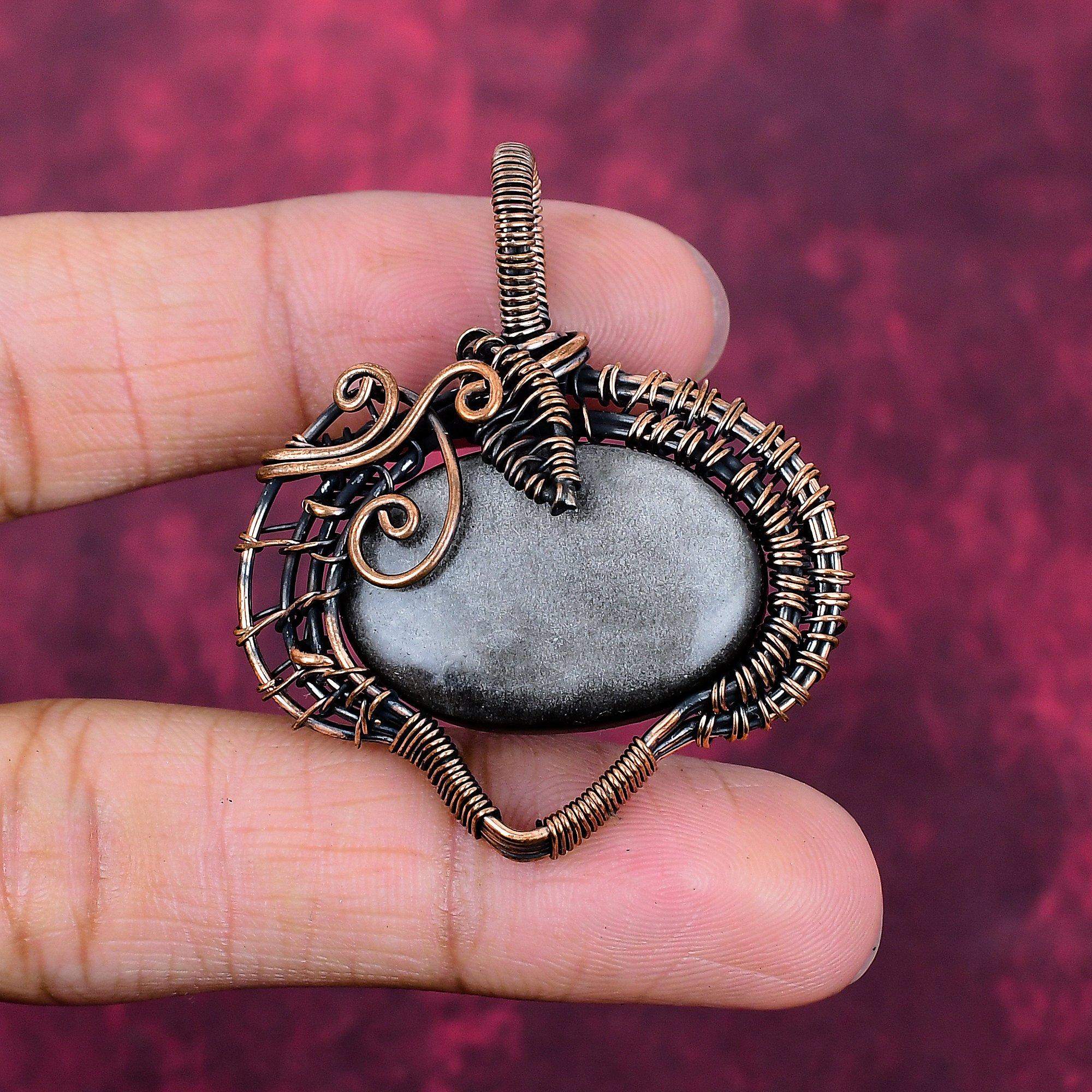 Silver Sheen Obsidian Pendant Copper Wire Wrapped Unique Jewelry Gemstone Pendant