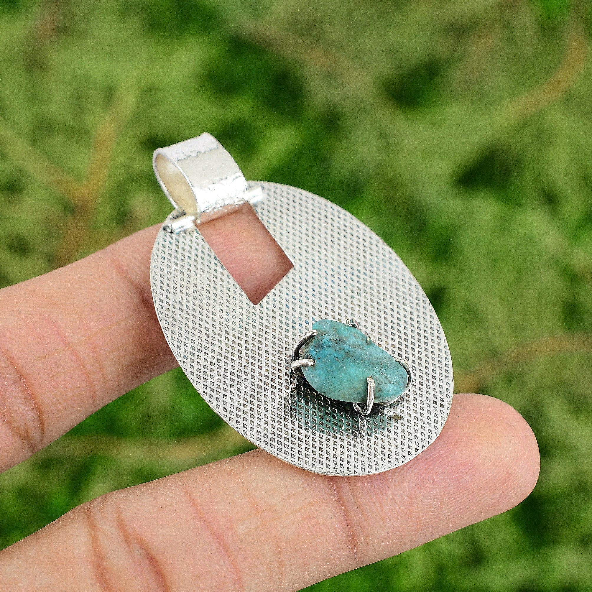 Daughters Day Sale Tibetan Turquoise Rough Gemstone Pendant Jewelry 925 Silver