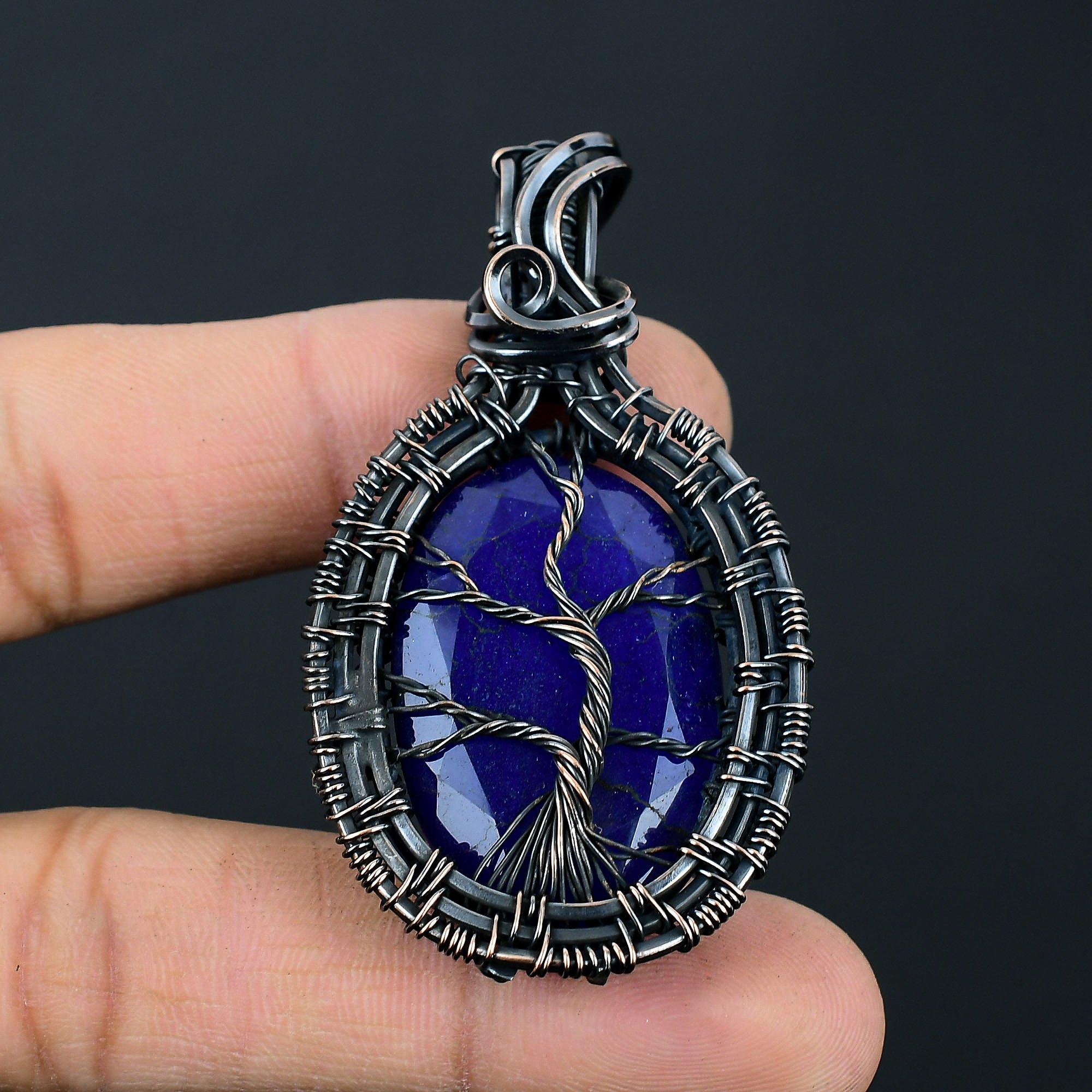 Blue Sapphire Gemstone Handmade Pure Copper Wire Wrapped Pendant Jewelry For Memorial Day