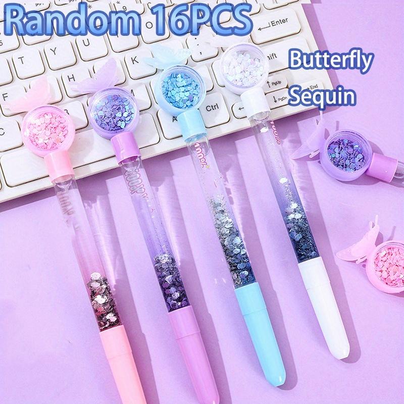 16Pcs Vibrant Butterfly Glitter Sequin Pen 0.5mm Black Fashionable Smooth Writing Experience, Perfect for Students Stationery, Party Gifts Back School