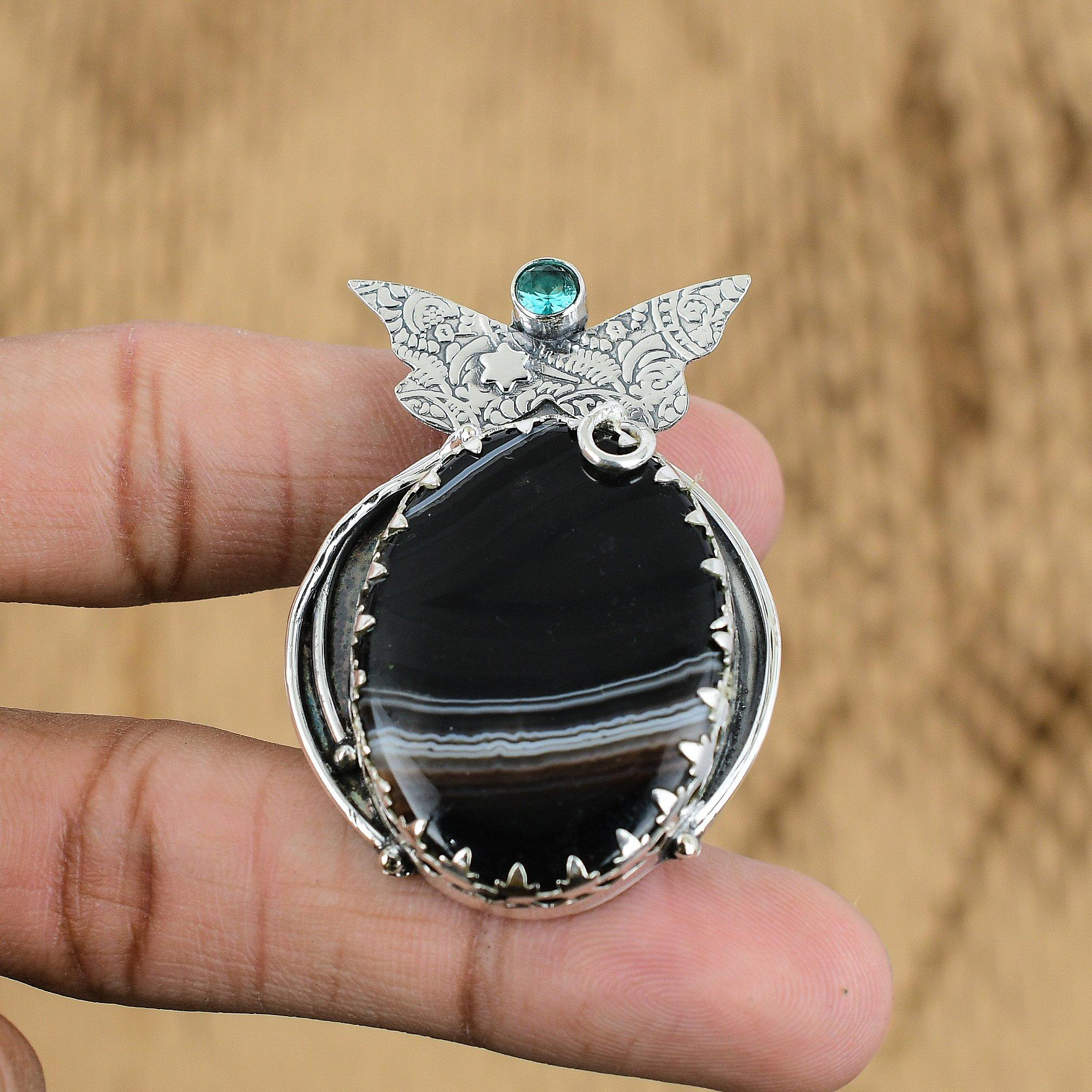 Oval Sardonyx Gemstone Swiss Blue Topaz Anniversary Boho Wife Pendant 925 Silver