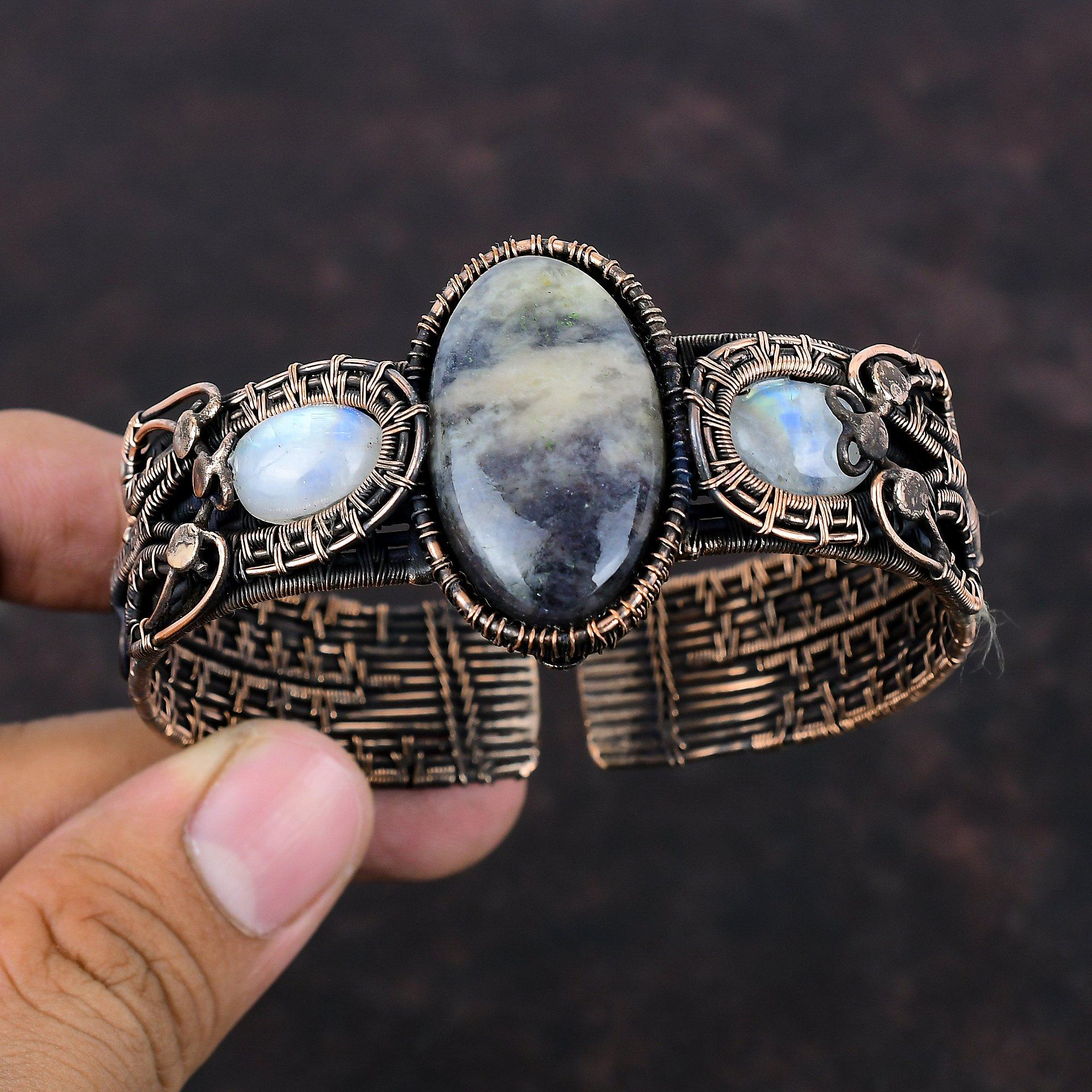 Iolite Sunstone Bangle Copper Wire Wrapped Cuff Bracelet Moonstone Bangle Adjustable Cuff Bracelet Handmade Bangle Gemstone Copper Jewelry