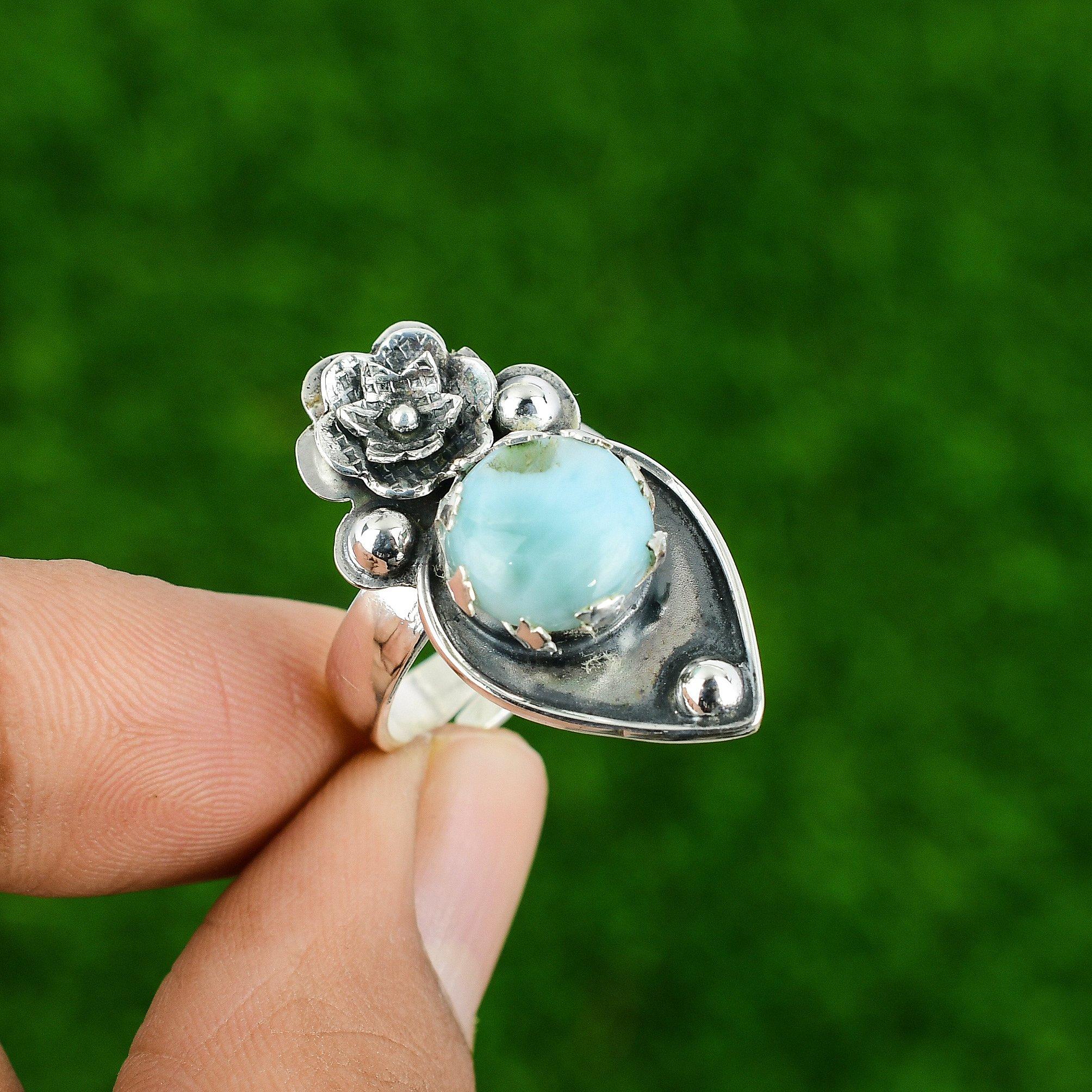 Natural Larimar Gemstone Multi Stone Flower Blue Adjustable Ring 925 Silver