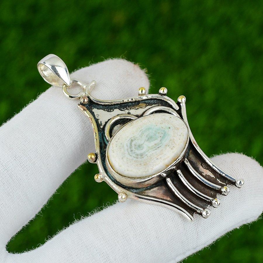 925 Sterling Silver Oval Solar Moss Opal Stone Handmade Bezel Pendant Jewelry