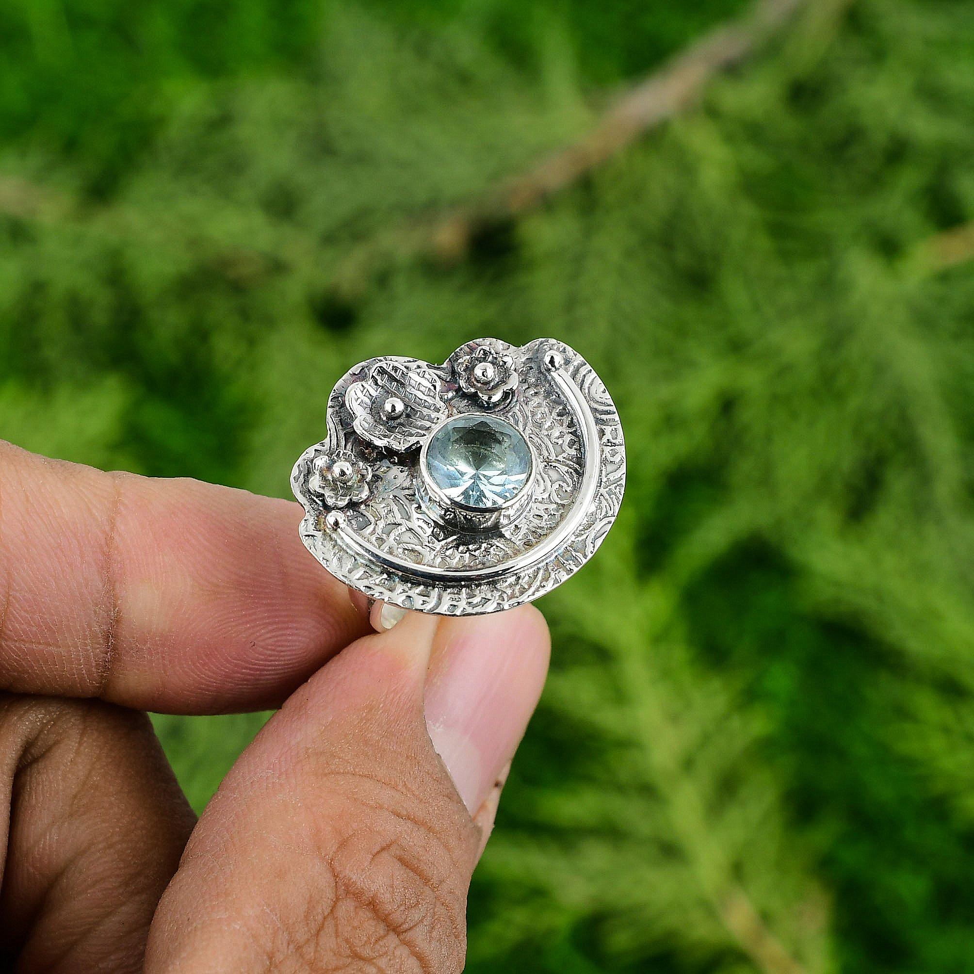Natural Swiss Blue Topaz Solitaire Flower Adjustable Ring 925 Silver For Women