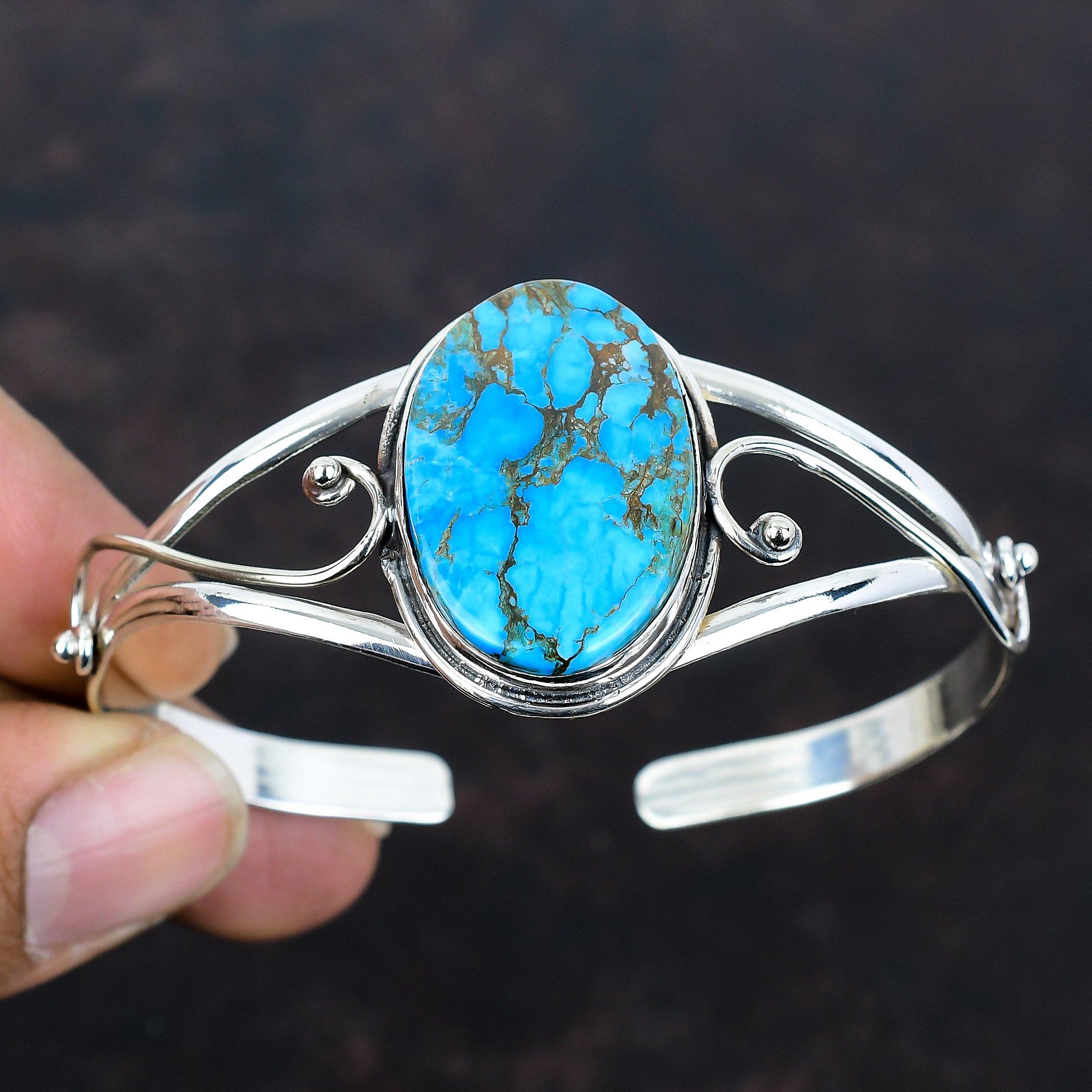 Tibetan Turquoise Bangle Gemstone Cuff Bracelet 925 Sterling Silver Adjustable Bangle Decent Jewelry Handmade Cuff Bracelet Gifts for Friend