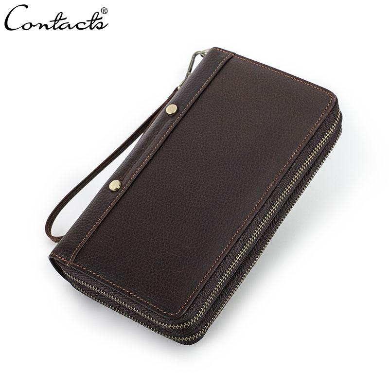 Portfel męski ze skóry naturalnej Clutch Zipper Card Holder Portmonetki męskie Vintage Długie portfele z paskiem na rękę
