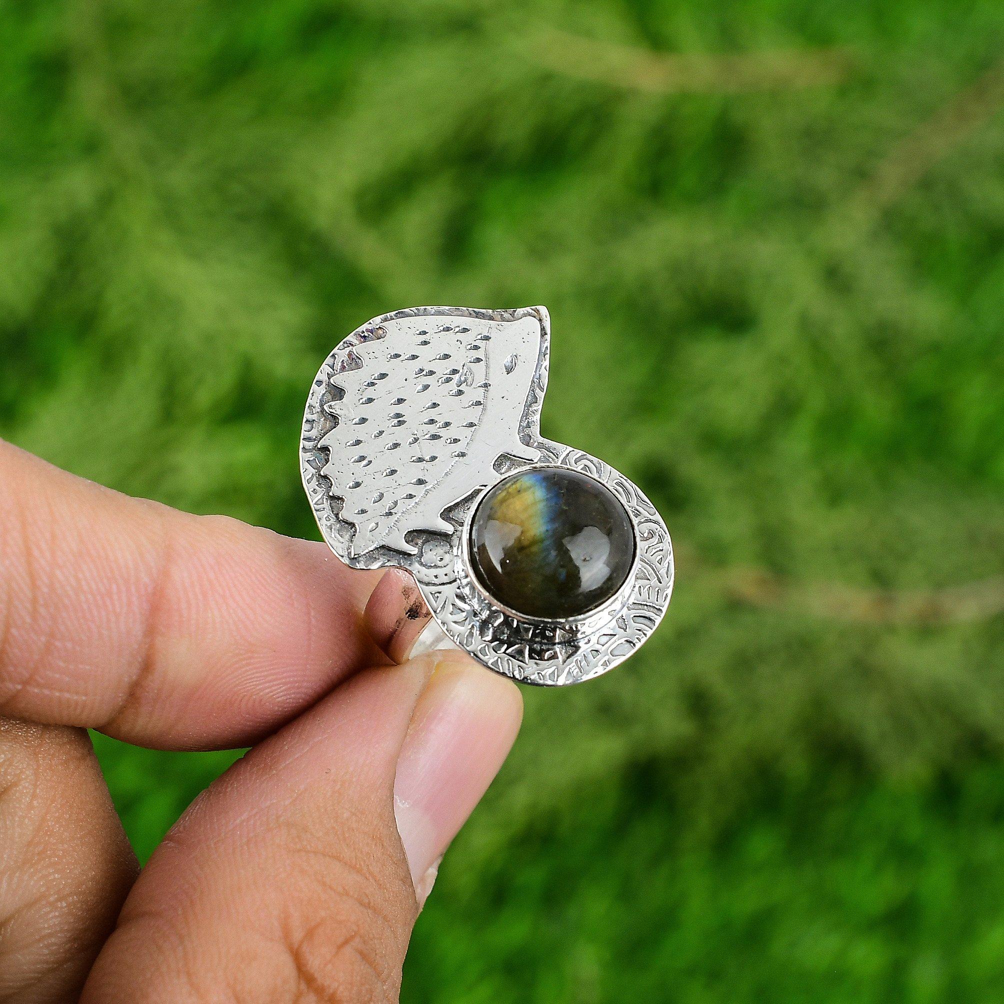 Round Labradorite Gemstone Third Eye Chakra Bezel Unique Artisan Ring 925 Silver