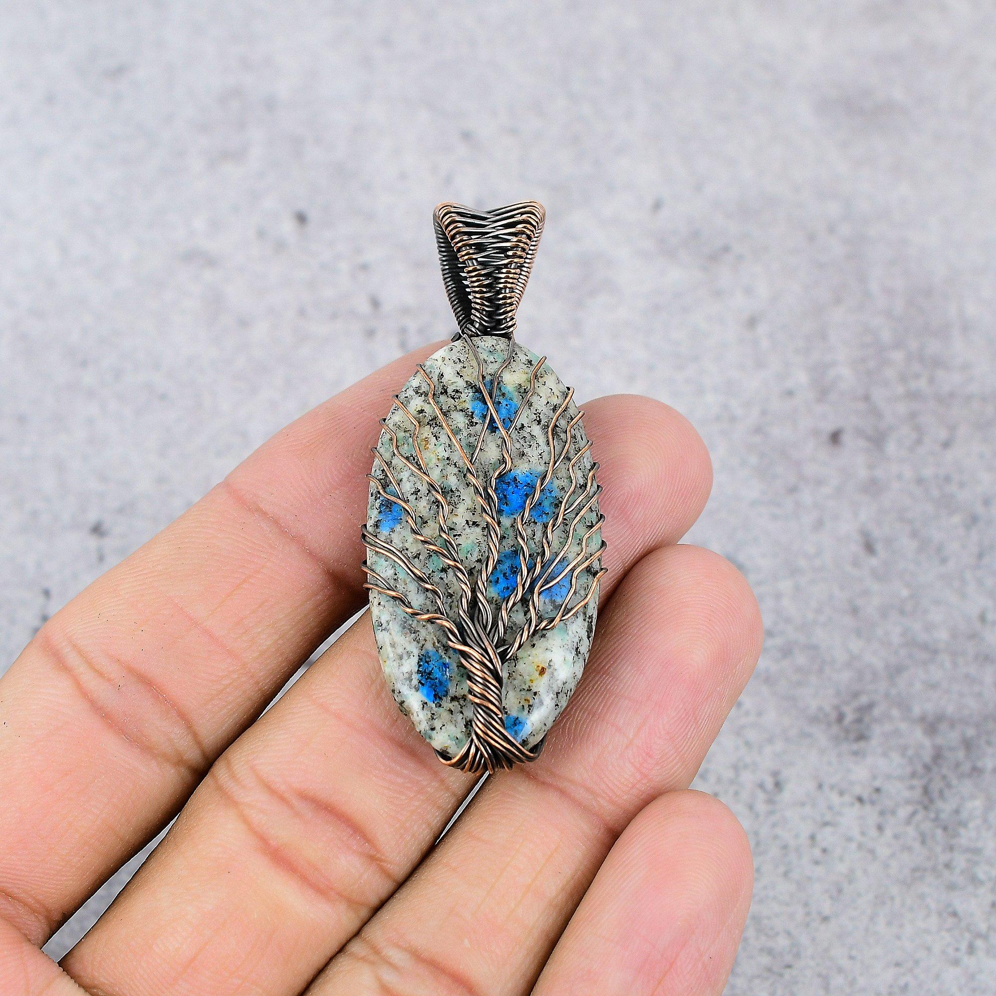 Tree Of Life K2 Azurite Pendant, 999 Copper Wire Wrapped Gemstone Jewelry, Handmade Pendant, For Thanksgiving