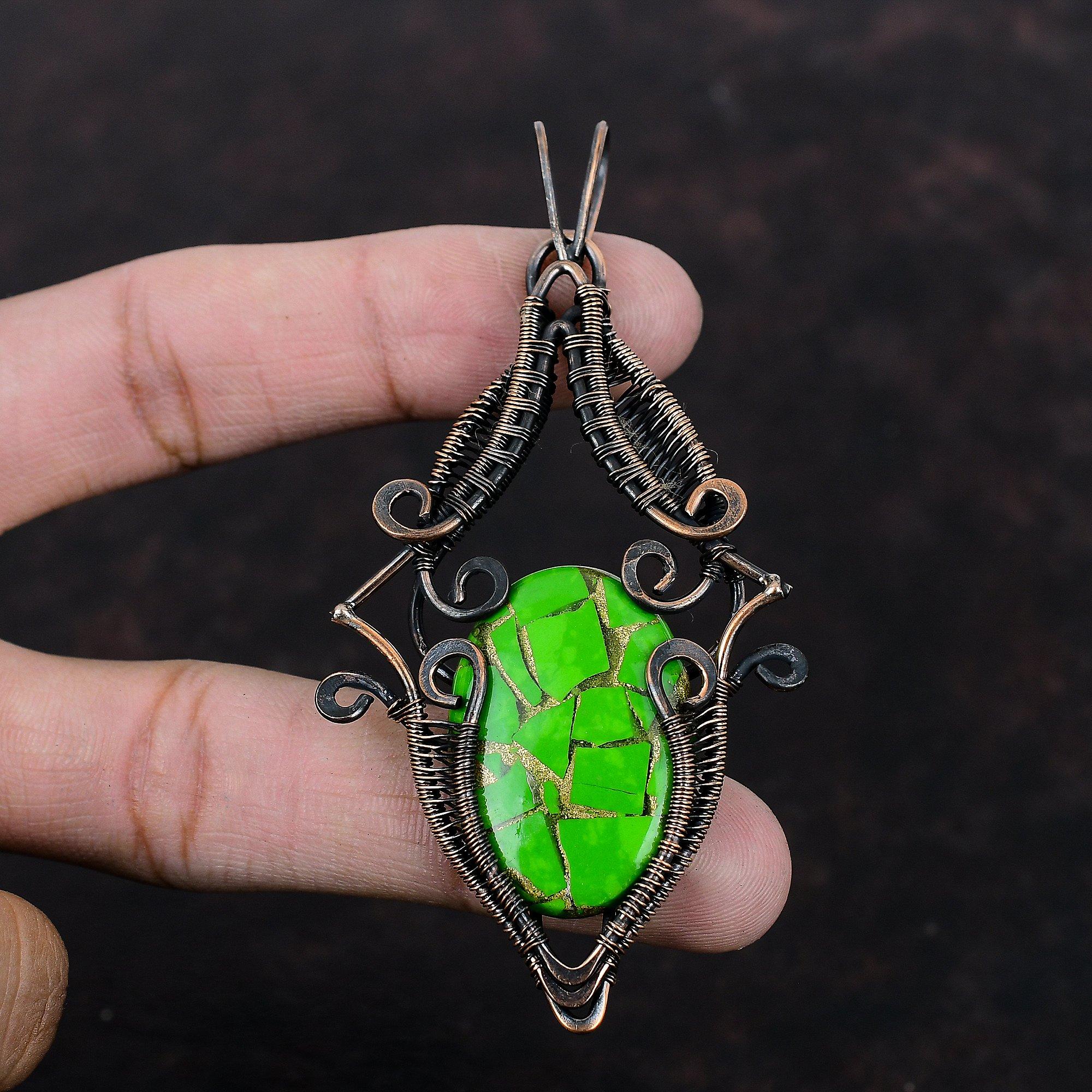 Copper Green Turquoise Pendant Copper Wire Wrapped Pendant Real Gemstone Pendant Copper Jewelry Pendant For Gift Handmade Wire Wrap Jewelry