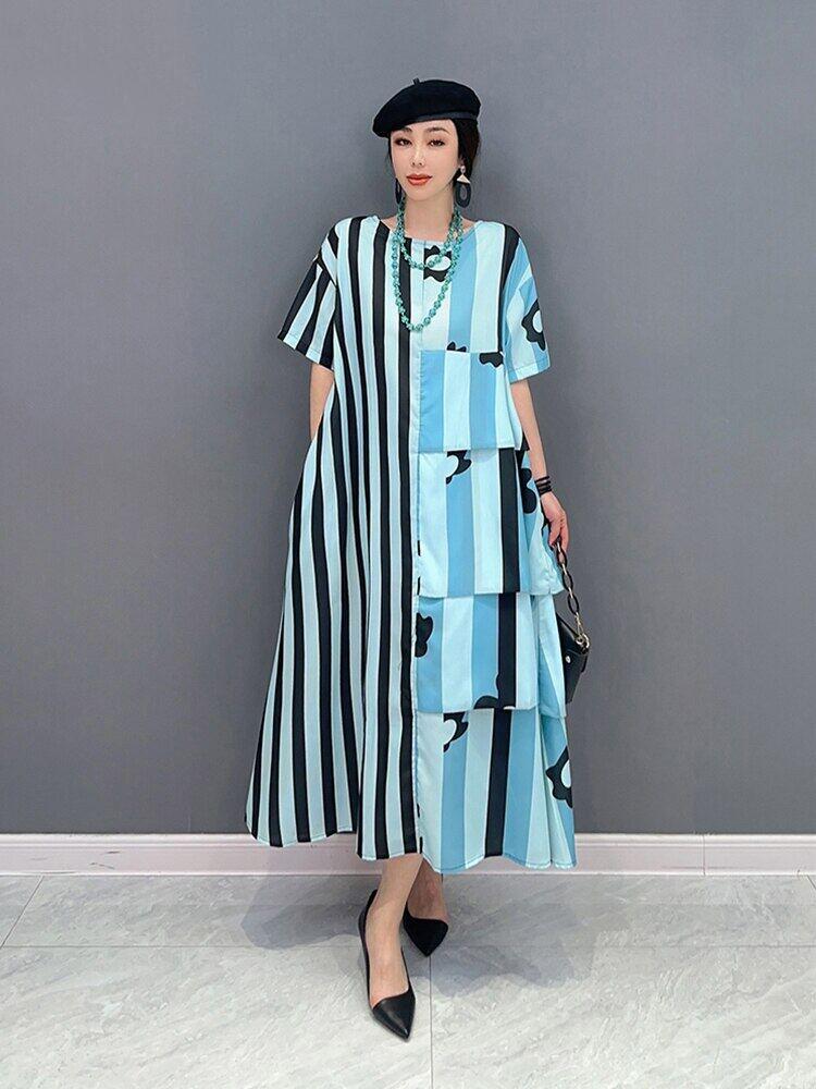 Xitao Asymmetrical Contrast Color Striped Print Dress ZY8453