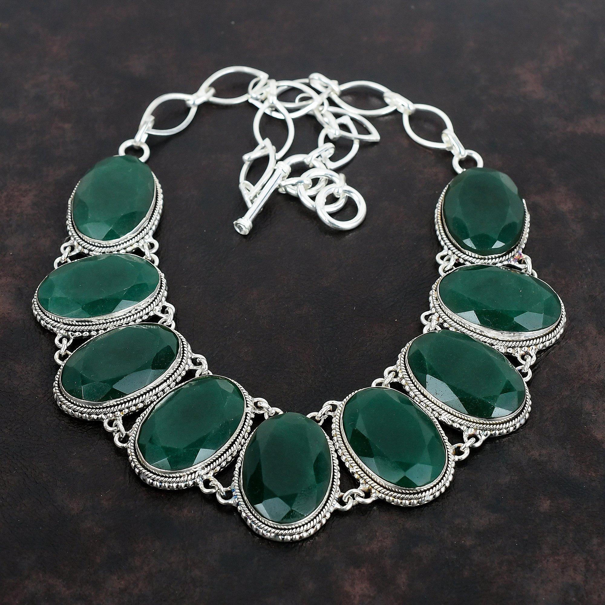 Fasetowany Naszyjnik ze Szmaragdu Zambijskiego Biżuteria z Kamieni Szlachetnych Srebro Próby 925 Regulowany Łańcuszek Ręcznie Robiony Naszyjnik Vintage Prezenty na Zaręczyny