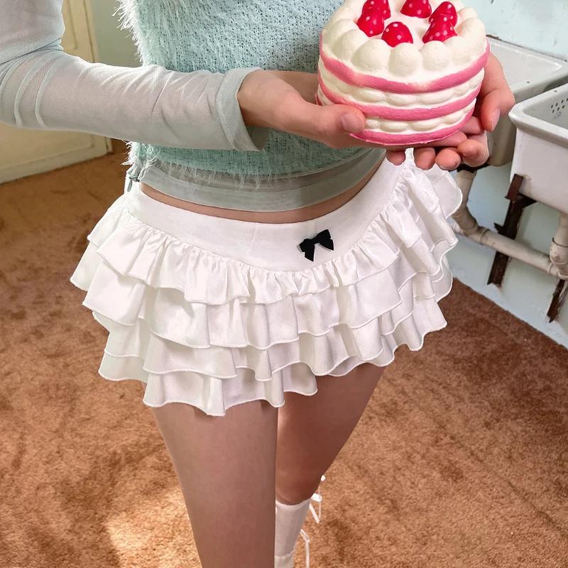 Y2k Kawaii Roztomilé tortové volániky Biela minisukňa Ženy Mašľa Tenká sukňa Elastická páska Letná A-Sukňa Na párty Streetwear