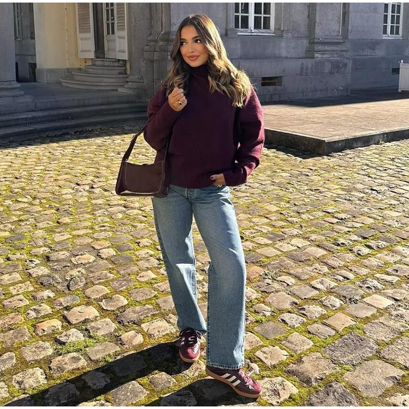 Casual Turtleneck Pullover Women Autumn Winter Dark Red Loose Sweater Female Full Sleeves Solid Color Knitwear Lady All-match Pullovers