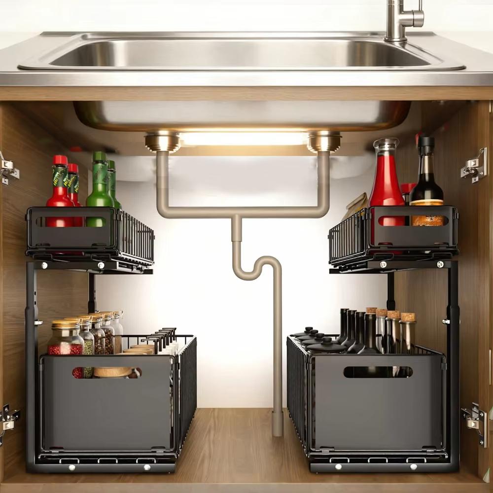 2 Tier Pull Out Cabinet Organizer with Slide Drawer Basket Adjustable Height Kitchen Under Sink Storage Rack Spice Jar Rack