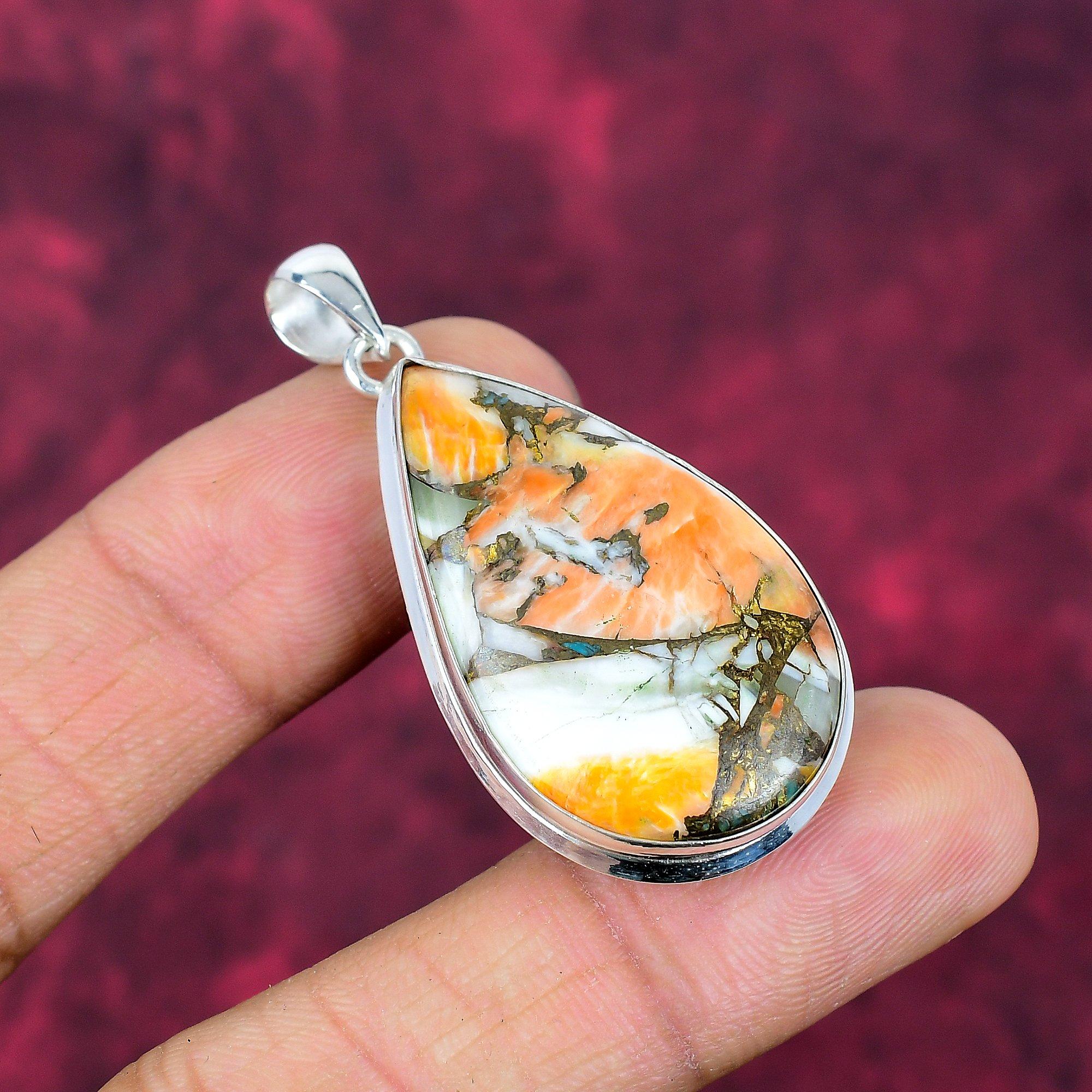 Pomarańczowy wisiorek z kolczastej ostrygi, Srebro próby 925, Biżuteria z kamieniami szlachetnymi, Ręcznie robiony wisiorek, Niesamowita biżuteria, Prezent dla niej