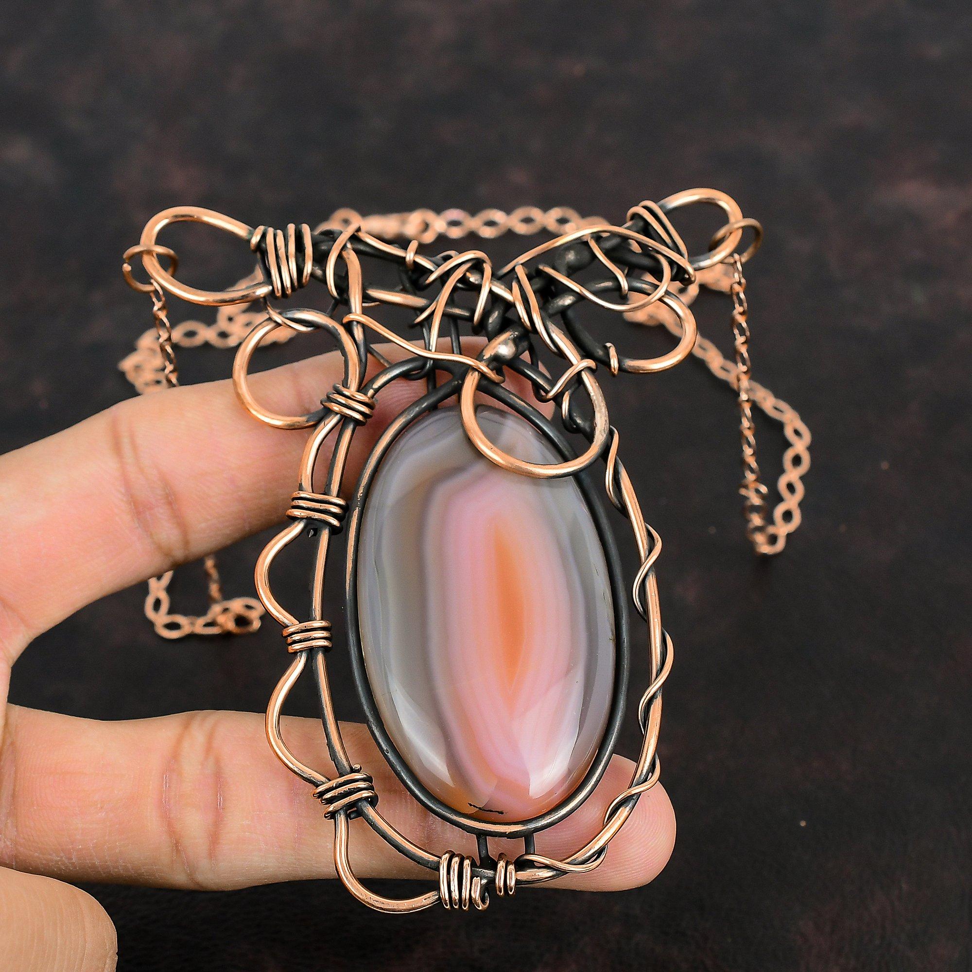 Botswana Agate Necklace Copper Wire Wrapped Necklace Handmade Gemstone Jewelry Adjustable Necklace Beautiful Copper Jewelry Engagement Gifts