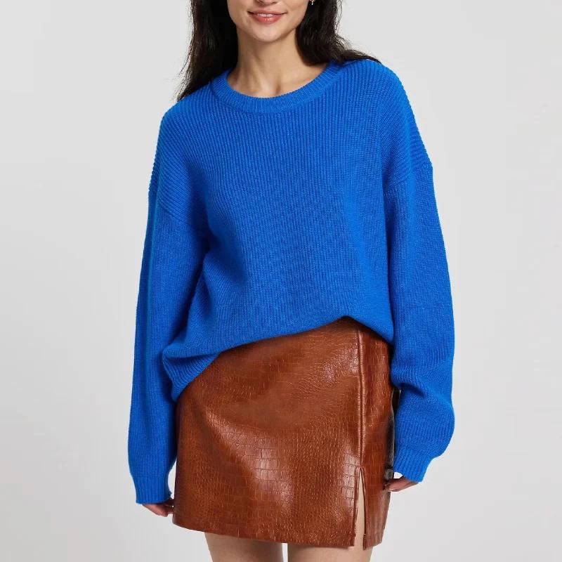 Blue Knitted Sweater Autumn and Winter Round Neck Long Sleeve Pullover Loose Lazy Style Sweater Jacket