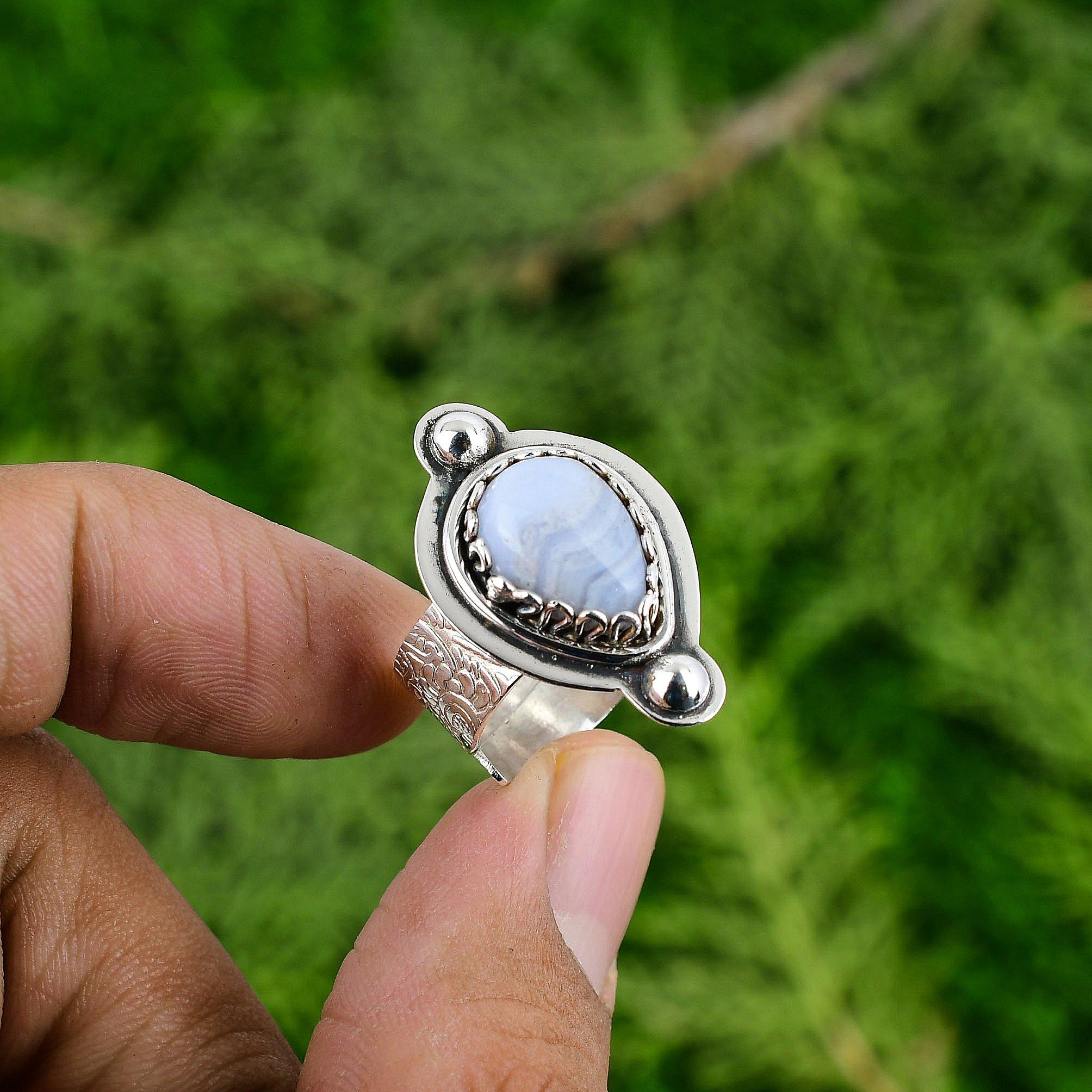 Natural Blue Lace Agate Gemstone Stackable Adjustable Ring 925 Sterling Silver