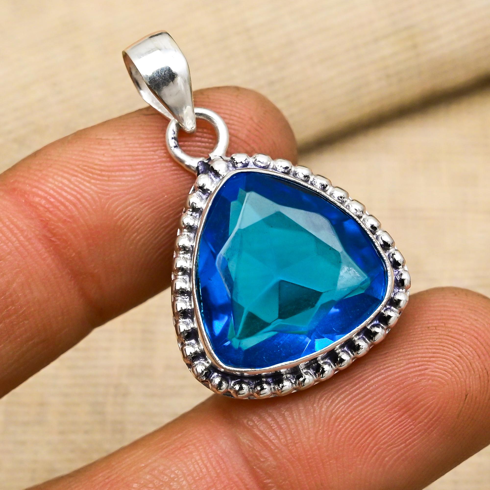 Blue Topaz Gemstone Handmade 925 Sterling Silver Jewelry Pendant For Wedding Gift