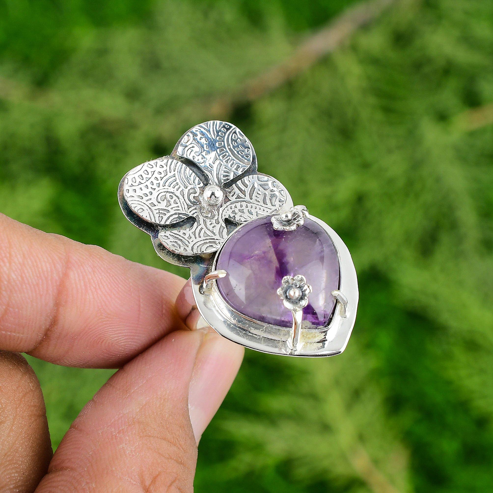 Sterling Silver Star Amethyst Stone Statement Flower February Birth Ring Jewelry