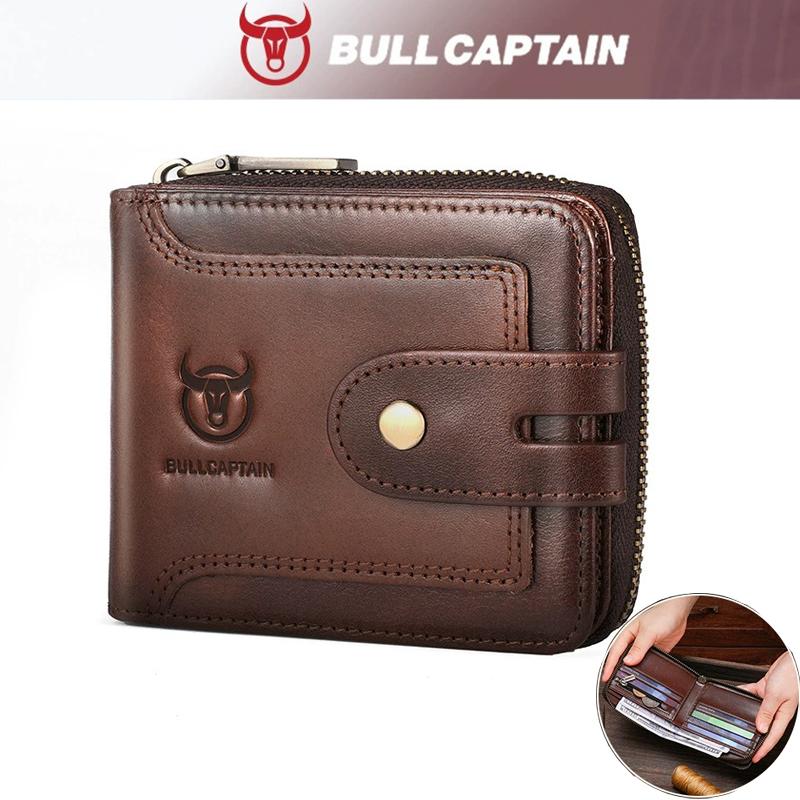 BULLCAPTAIN Men's Genuine Leather Short Zipper Wallet - Multi-Function Organizer with ID Card Holder | Premium Vintage Style