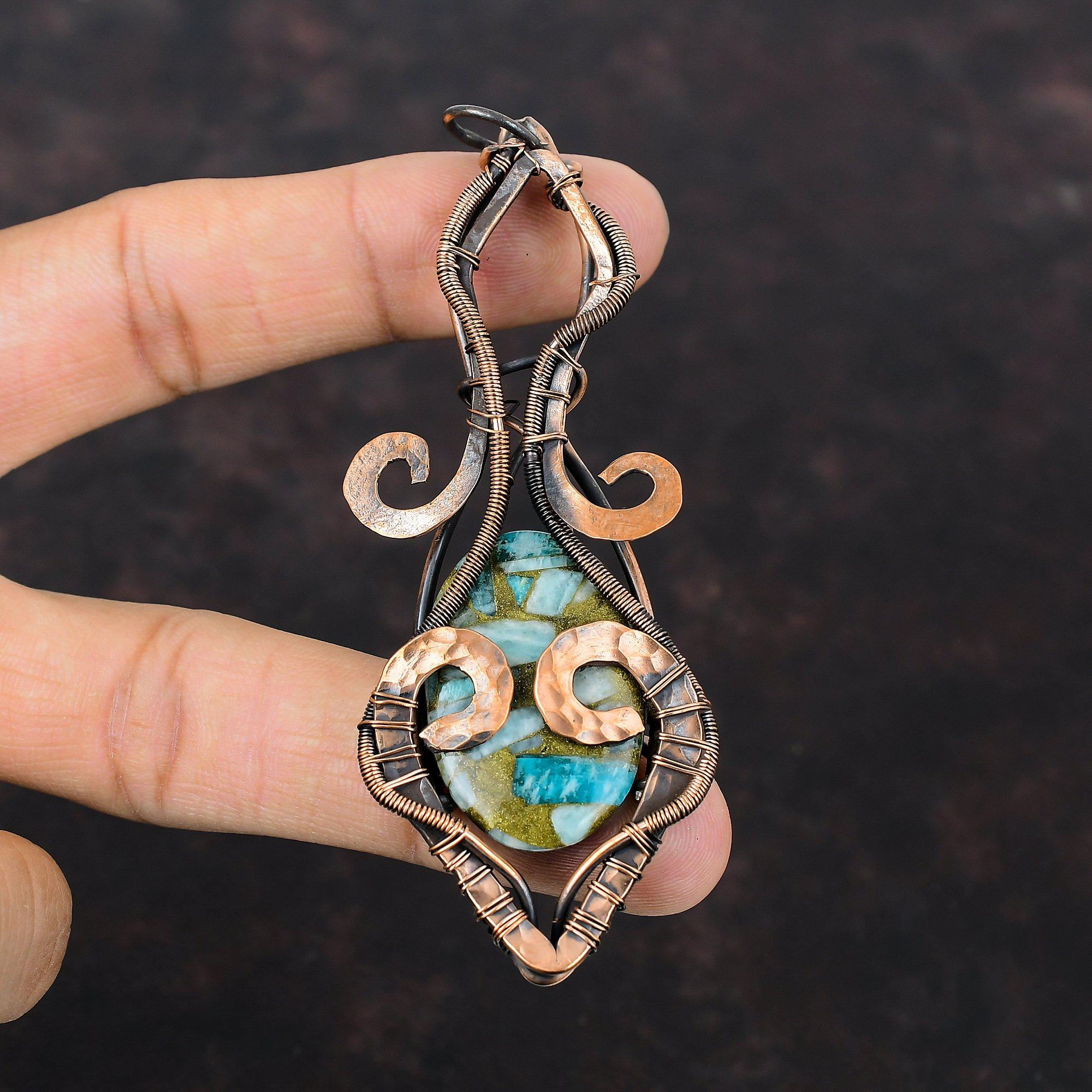 Copper Amazonite Pendant Copper Wire Wrapped Jewelry Gemstone Pendant Handmade Copper Pendant Antique Jewelry Wire Wrapped Pendant For Gift