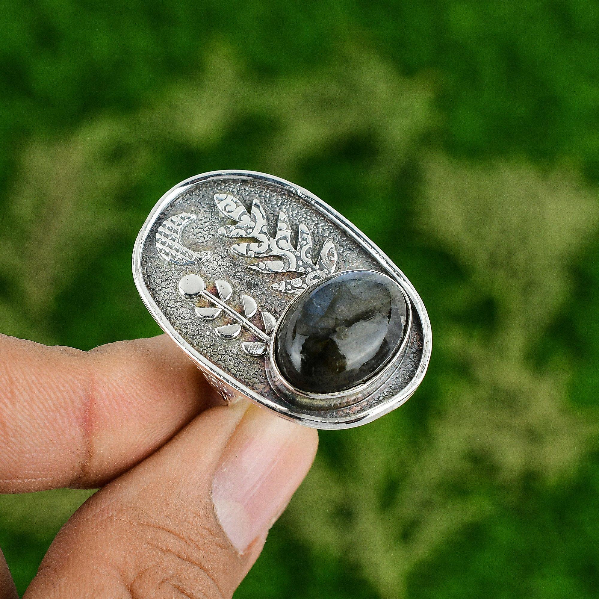 Gift For Her Natural Labradorite Statement Adjustable Ring 925 Silver