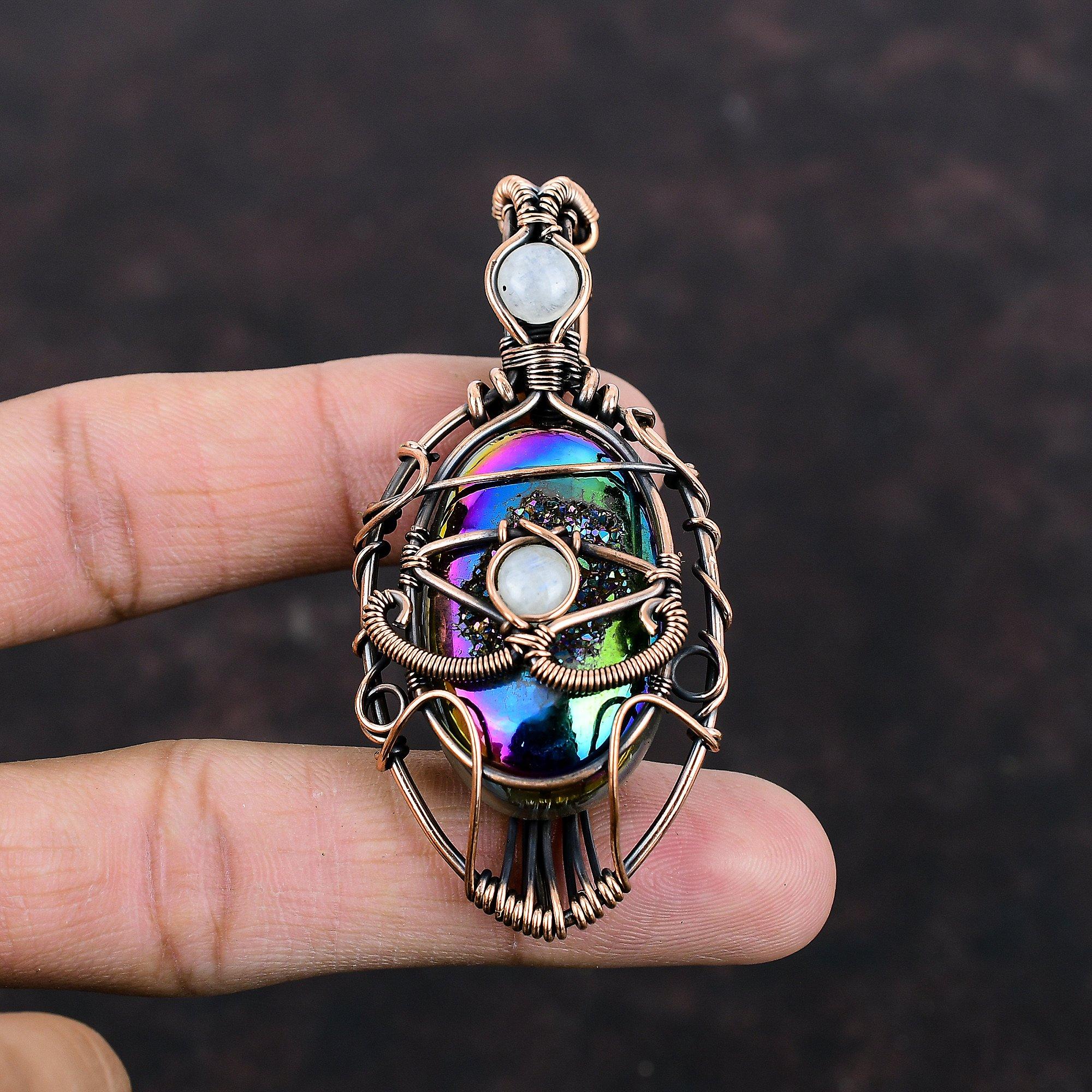 Evil Eye Titanium Druzy Pendant Copper Wire Wrapped Pendant Handmade Pendant Evil Eye Copper Jewelry Gemstone Pendant Wire Wrapped Jewelry