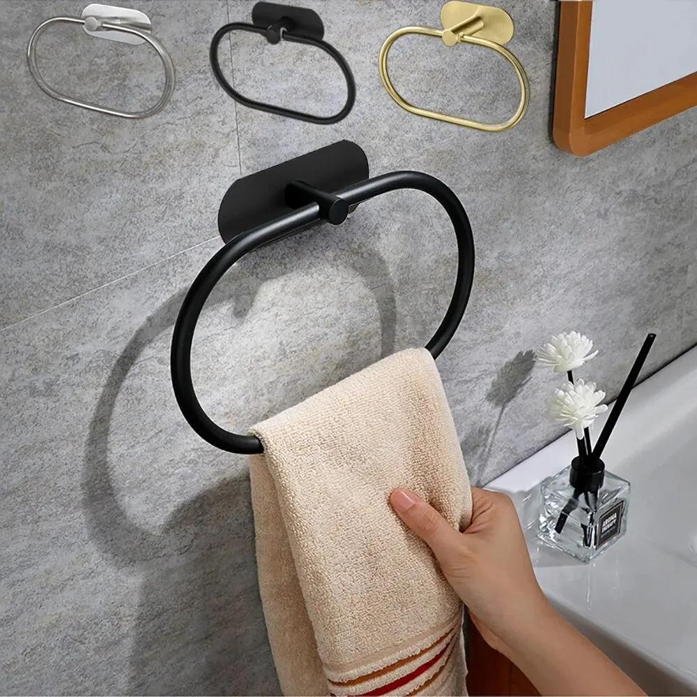 Stainless Steel Towel Holder Self-adhesive Bathroom Towels Rack Black Washhand Hanger Ring Rail Bar Kitchen Storage Accessories