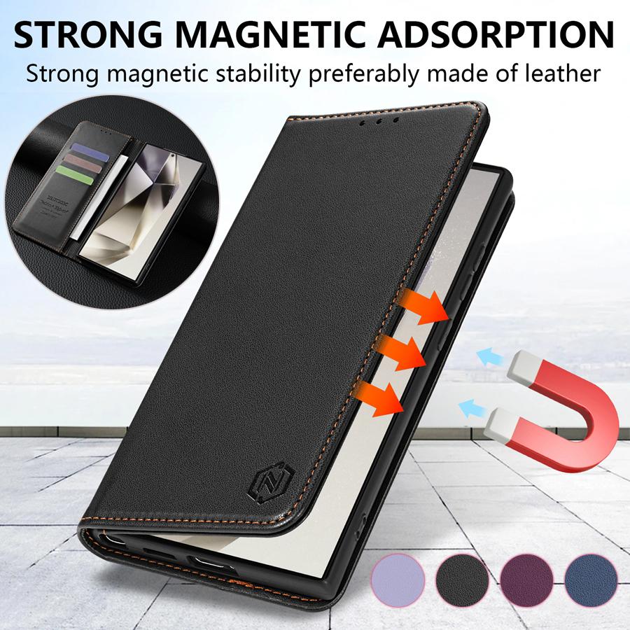 Lommebok Hudvennlig kortspor Sterk magnetisk flip-lærveske til Samsung Galaxy iPhone Xiaomi Redmi Huawei Honor-deksel