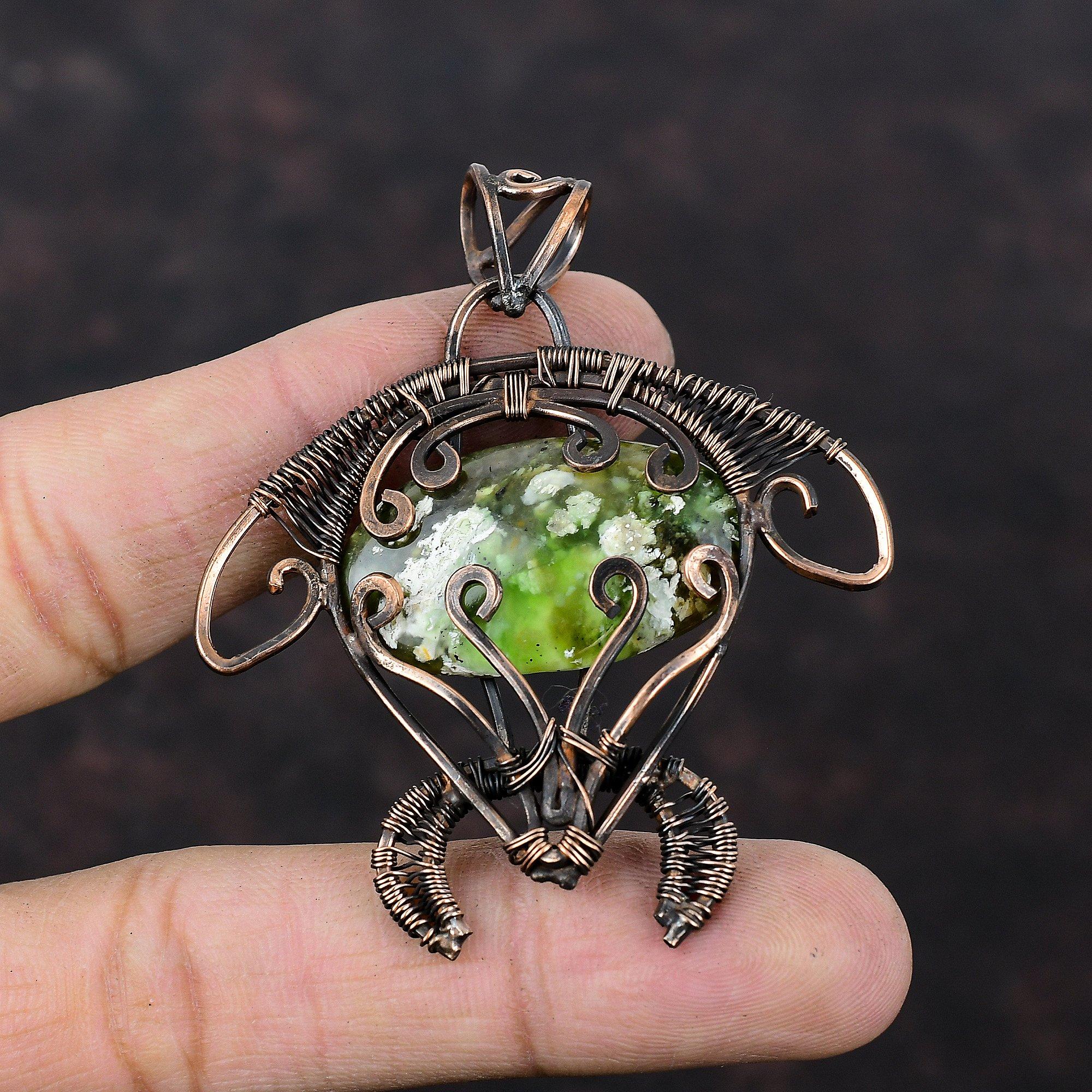 Australian Chrome Chalcedony Pendant Copper Wire Wrapped Pendant Tortoise Design Pendant Gemstone Jewelry For Gift Handmade Copper Jewelry