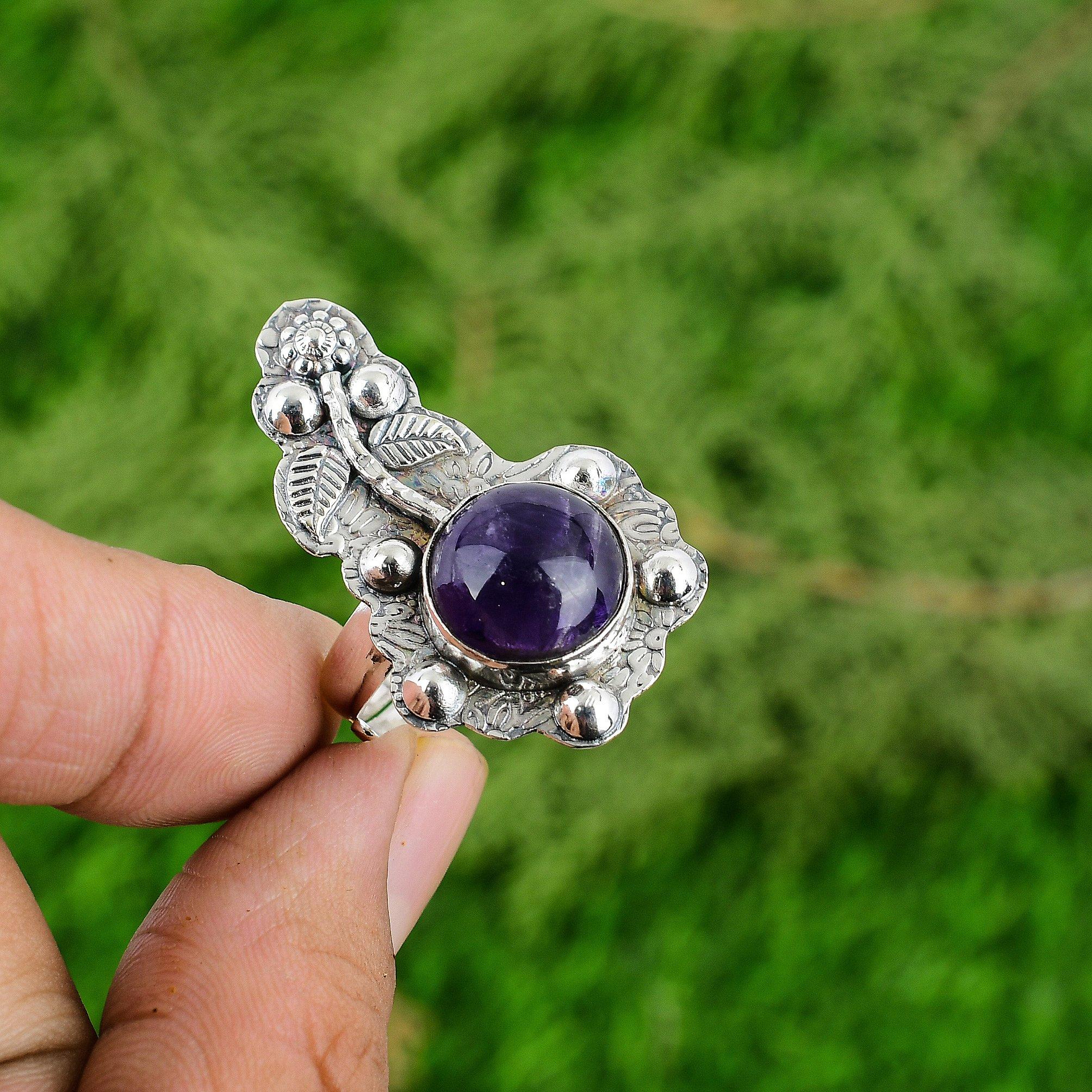 African Amethyst Gemstone 925 Silver Trendy Flower Bezel Promise Ring Jewelry
