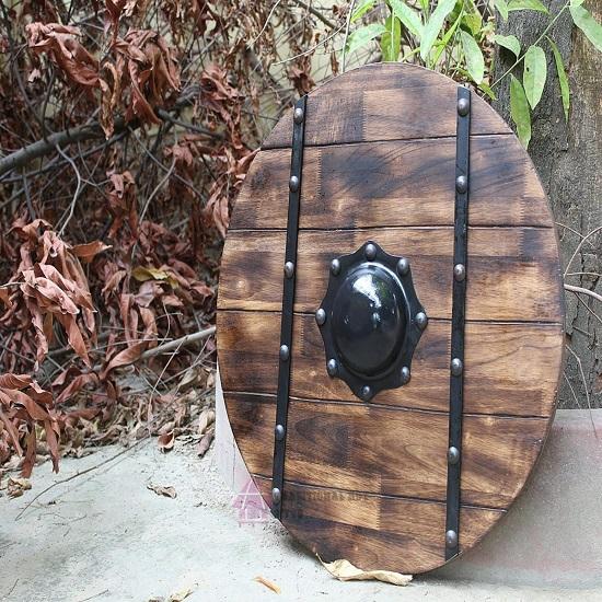 Royal Handicraft Medieval Round Battle Warrior Shield, dřevěný kulatý štít, LARP Reproduction Cosplay Shield, 60,96 cm